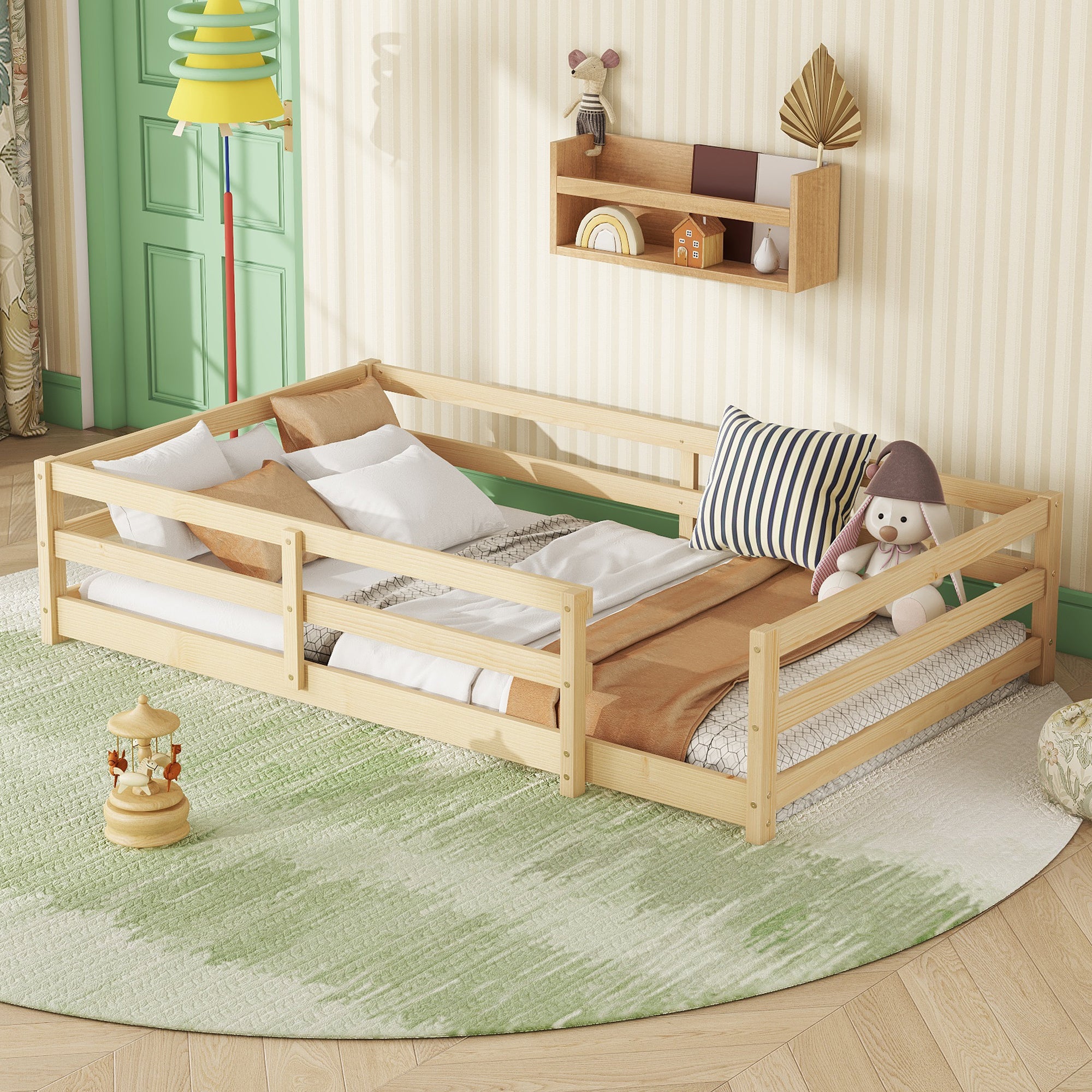 Twin Size Montessori Floor Bed with Fence - Natural Wood Kids