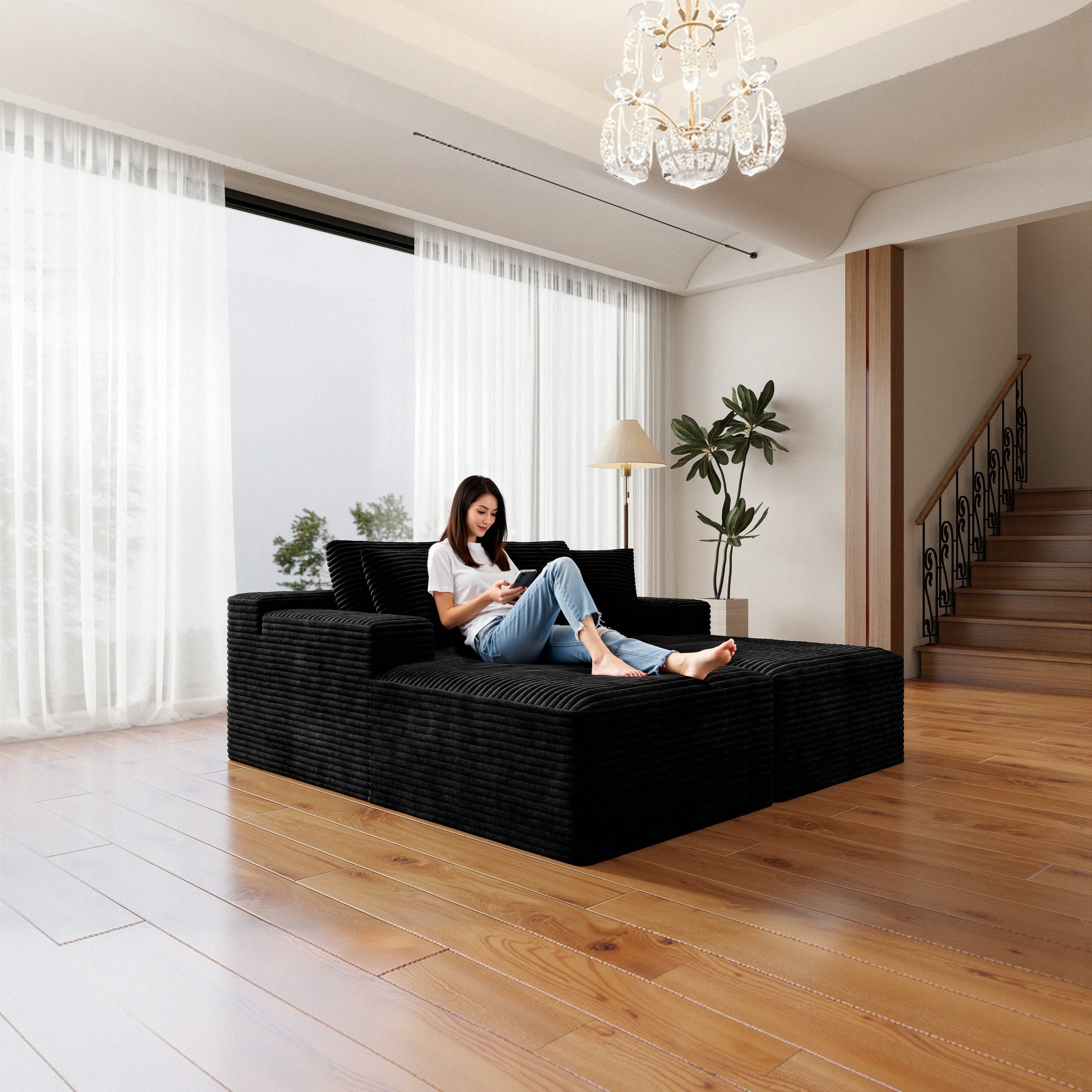 Plush Black Corduroy Modular Sectional Sofa No Assembly