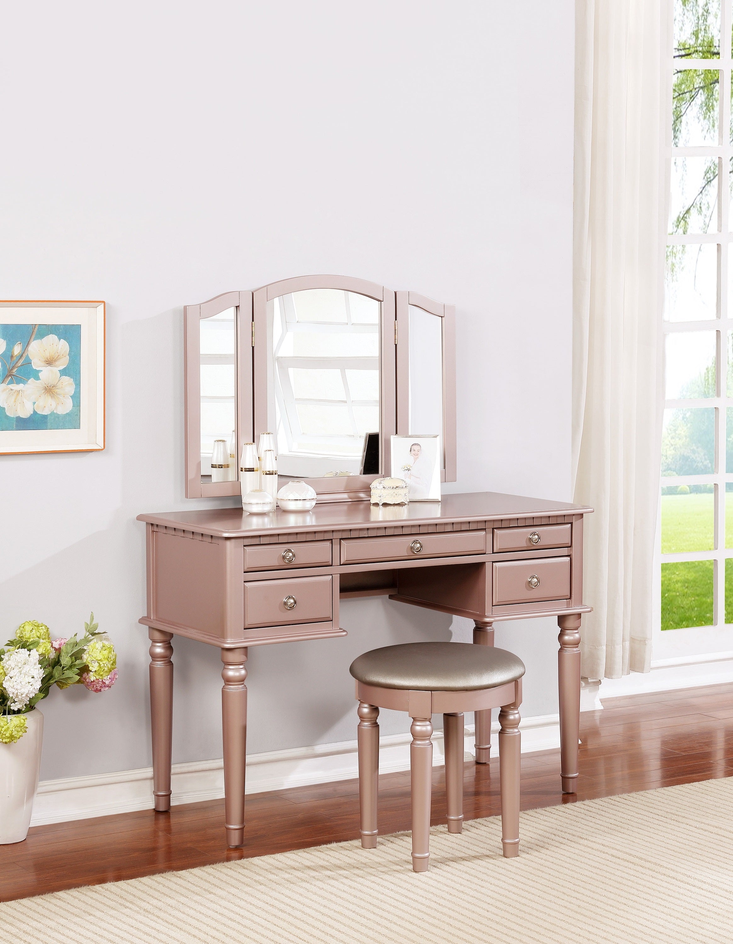 Contemporary Rose Gold Vanity Set | Mirror | Stool | Drawers