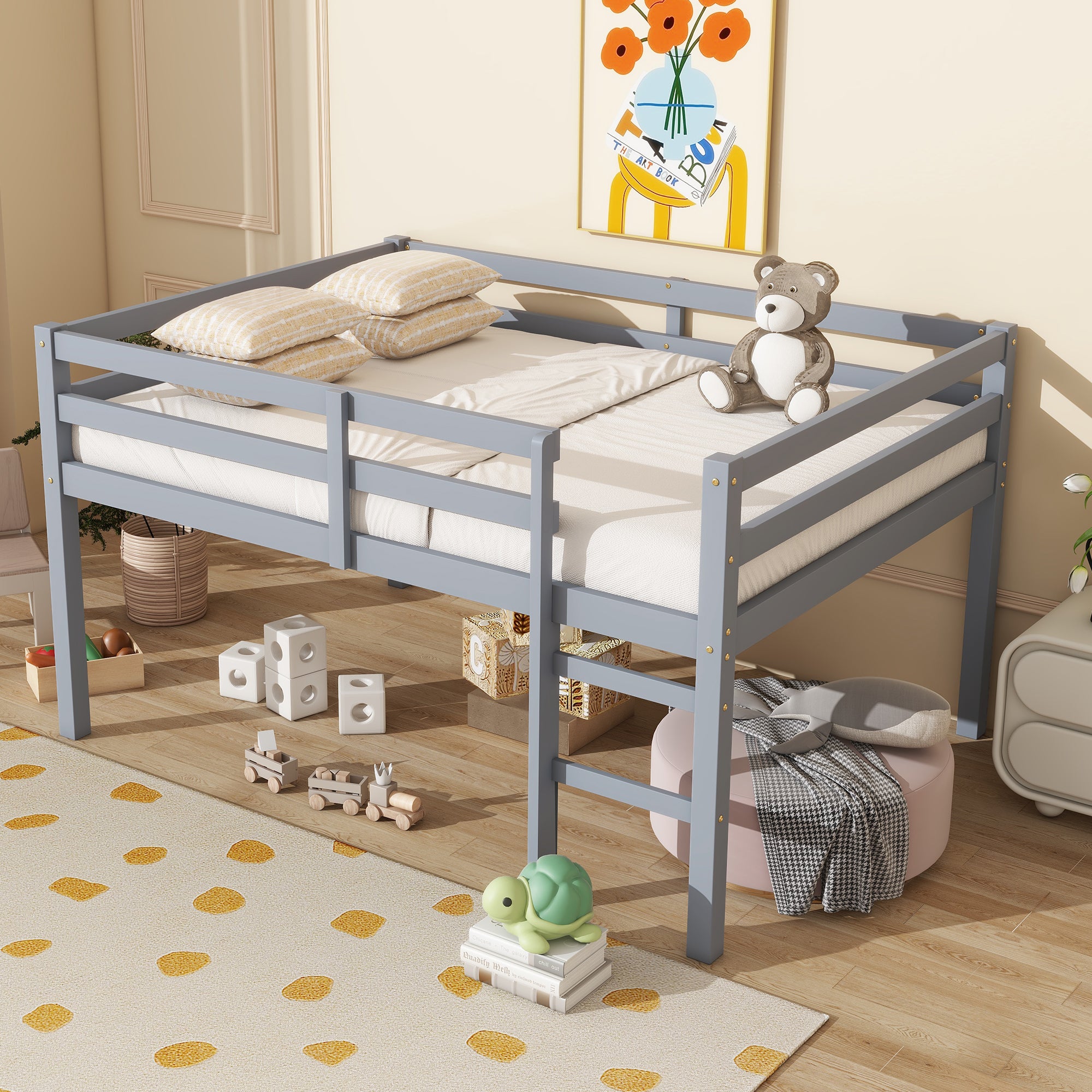 Full Rubber Wood Loft Bed Grey - Space-Saving Design with Ladder