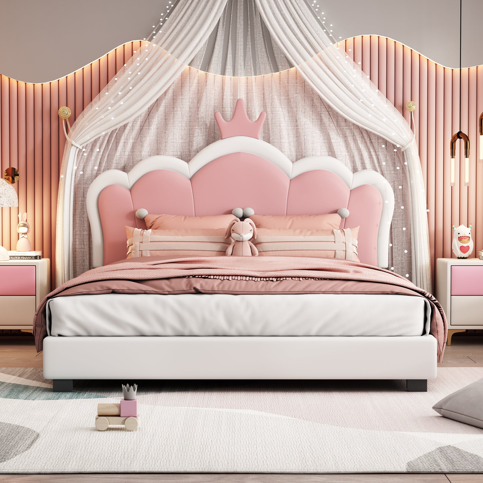 Full Size Upholstered Princess Bed with Crown Headboard - Cream/Pink