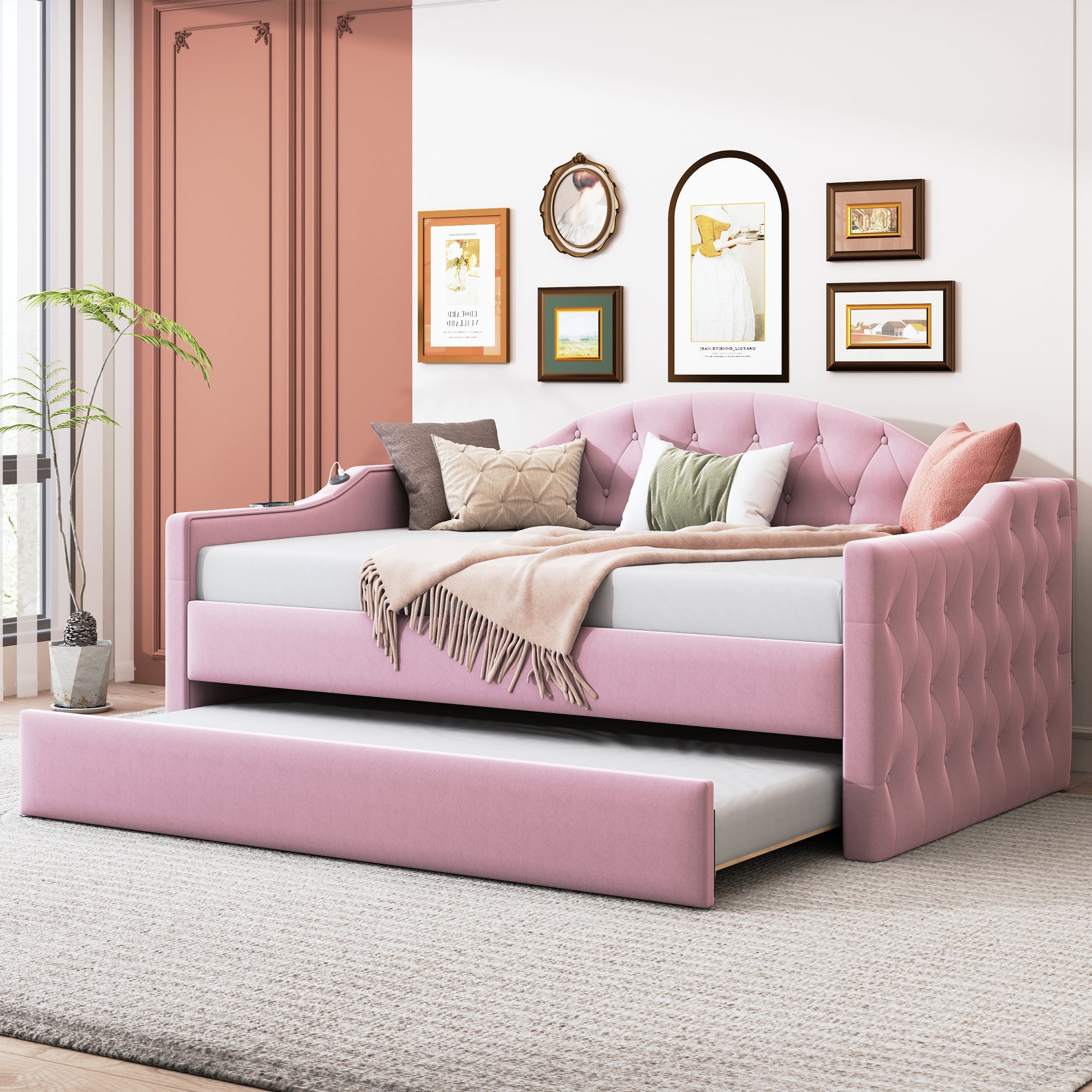 Twin Tufted Daybed with Trundle & USB Ports, Pink