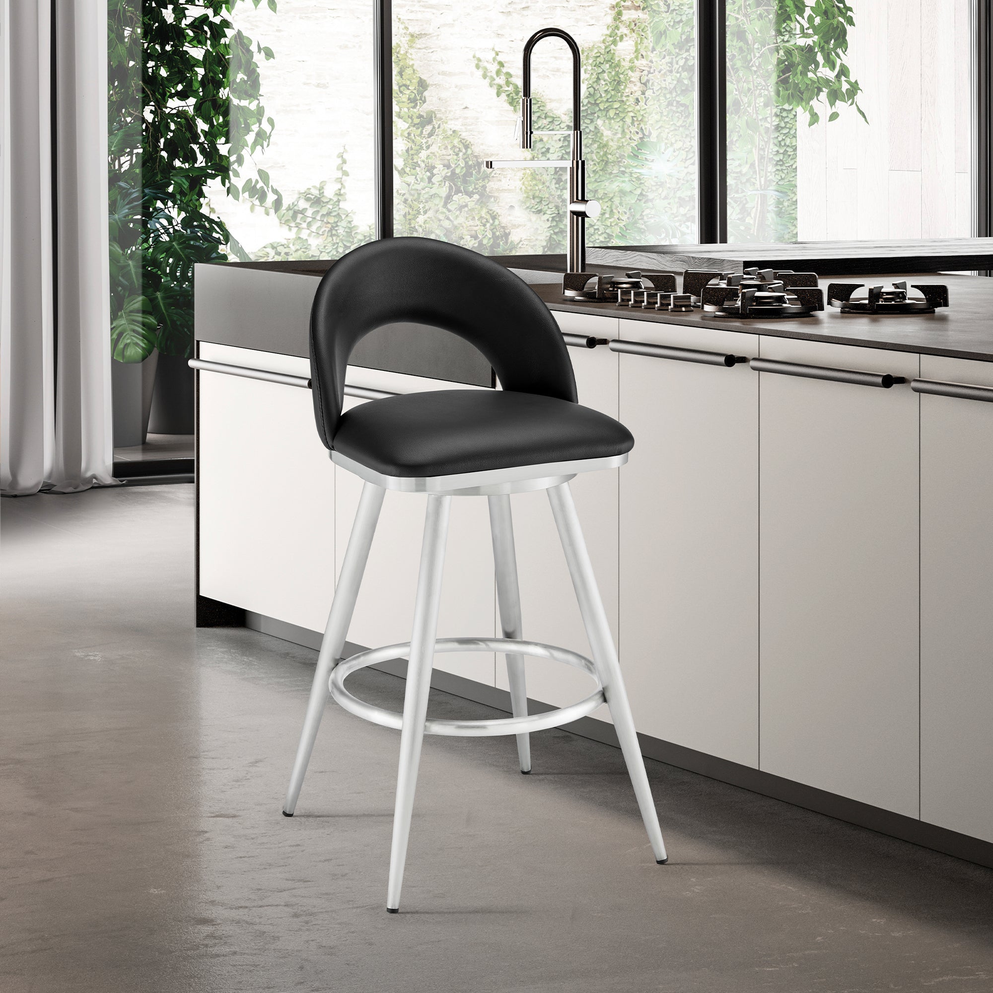 Iradell Swivel Bar Stool: Brushed Stainless Steel & Black