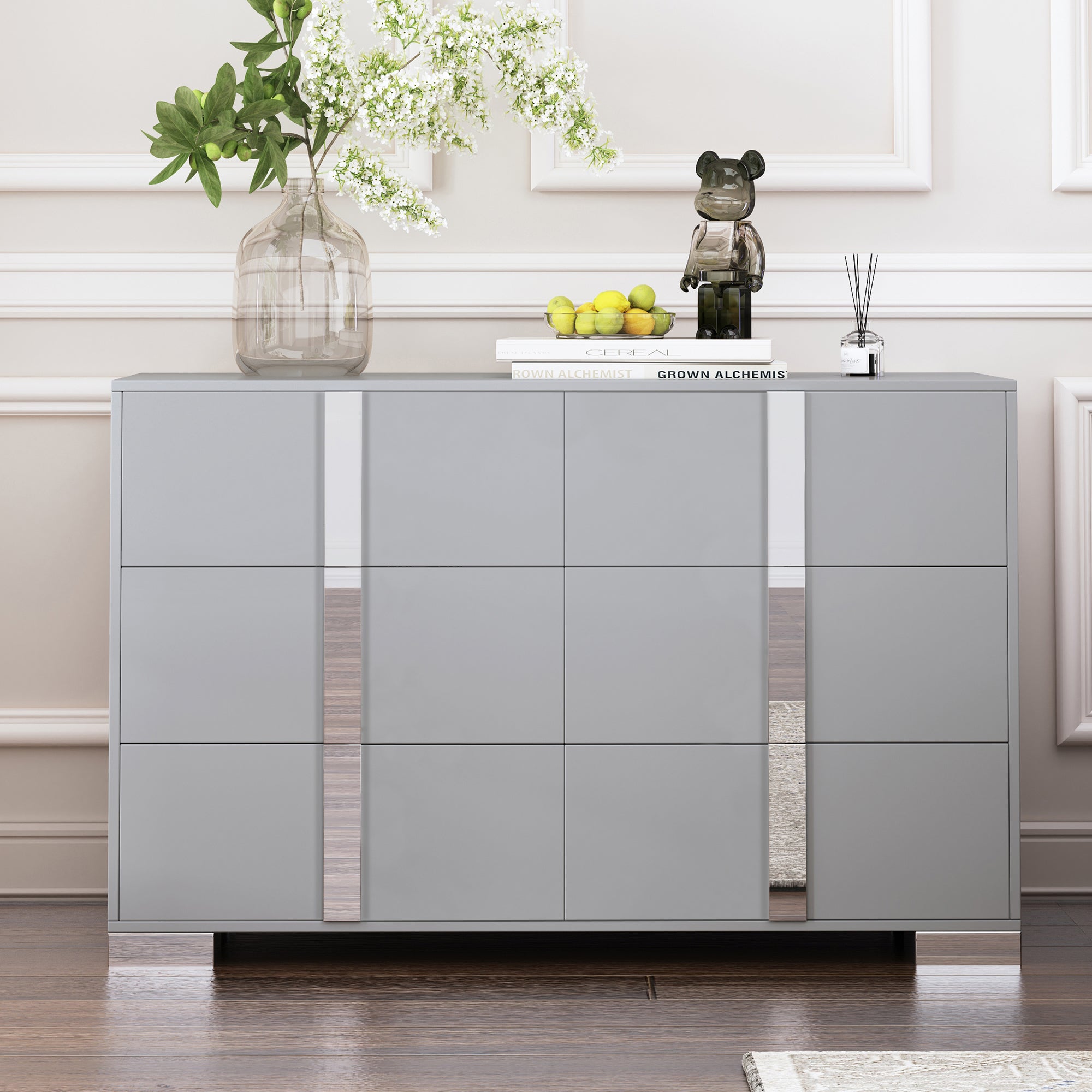 Gray Modern Mirrored 6-Drawer Dresser Bedroom Living Room