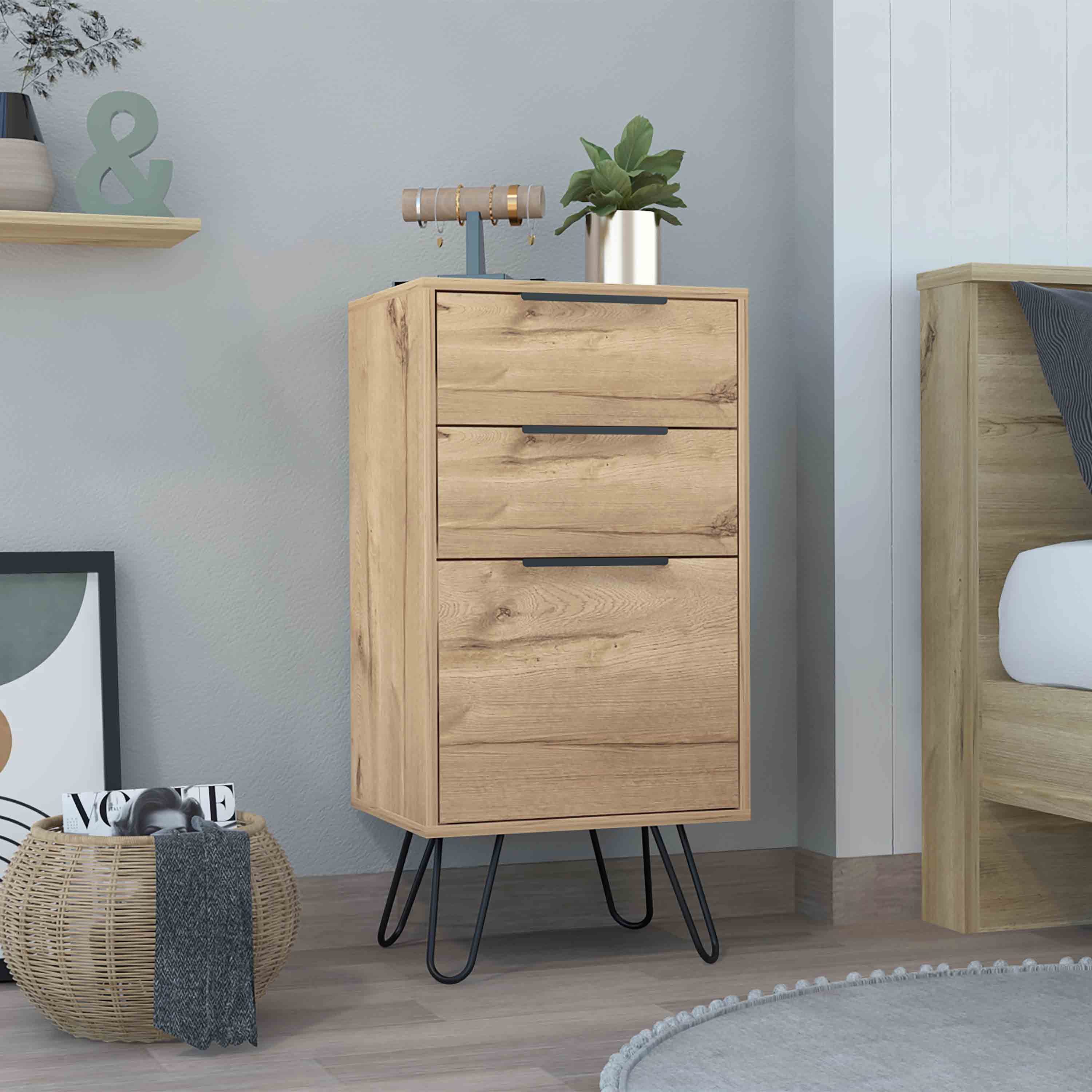 Augusta Light Oak Dresser | Hairpin Legs, 3 Drawers
