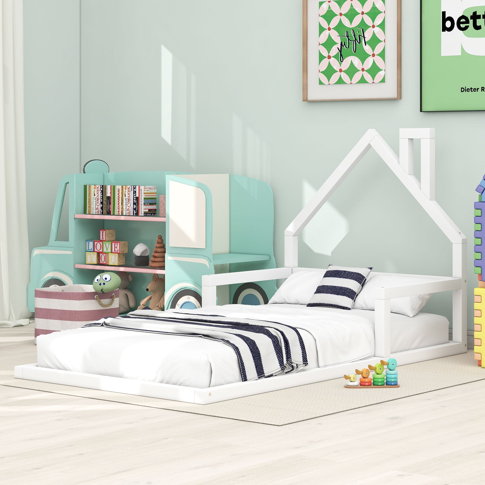 White Twin Wood House-Shaped Floor Bed Frame