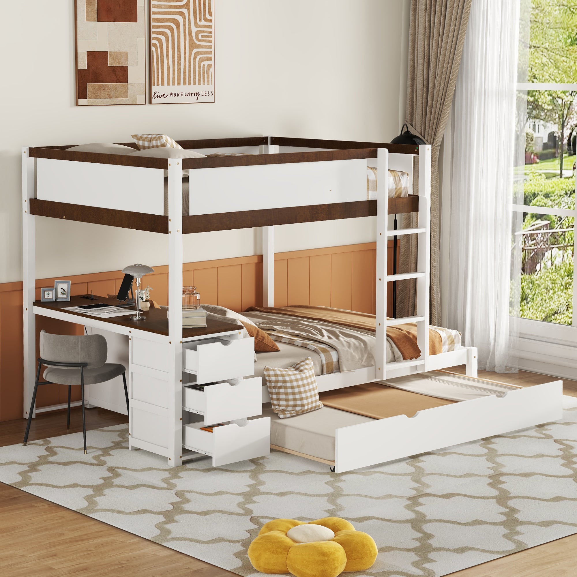 Full-Over-Full Bunk Bed: Twin Trundle, Storage, Desk (White+Walnut)