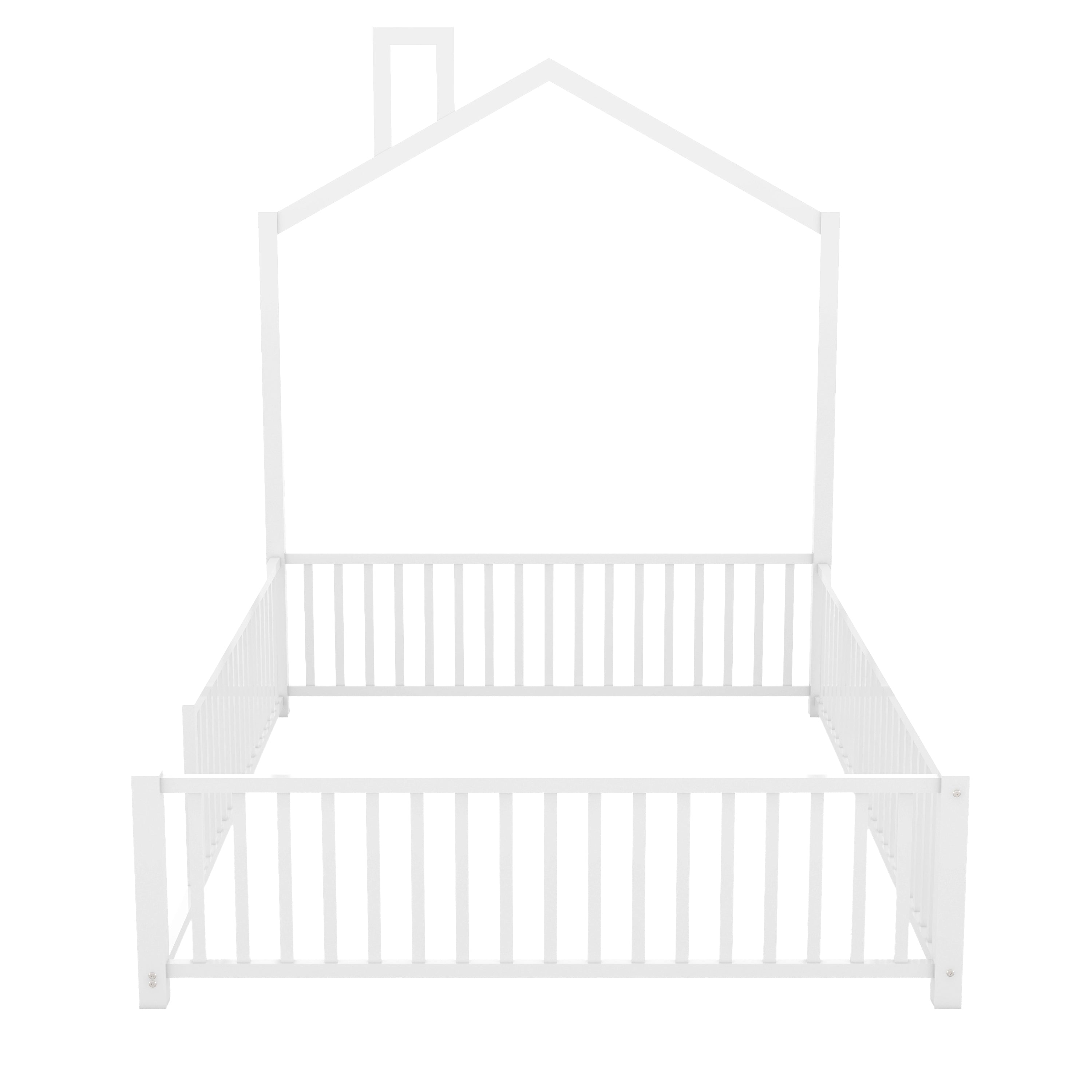 Full Size White Metal House Platform Bed Frame with Guardrail & Chimney