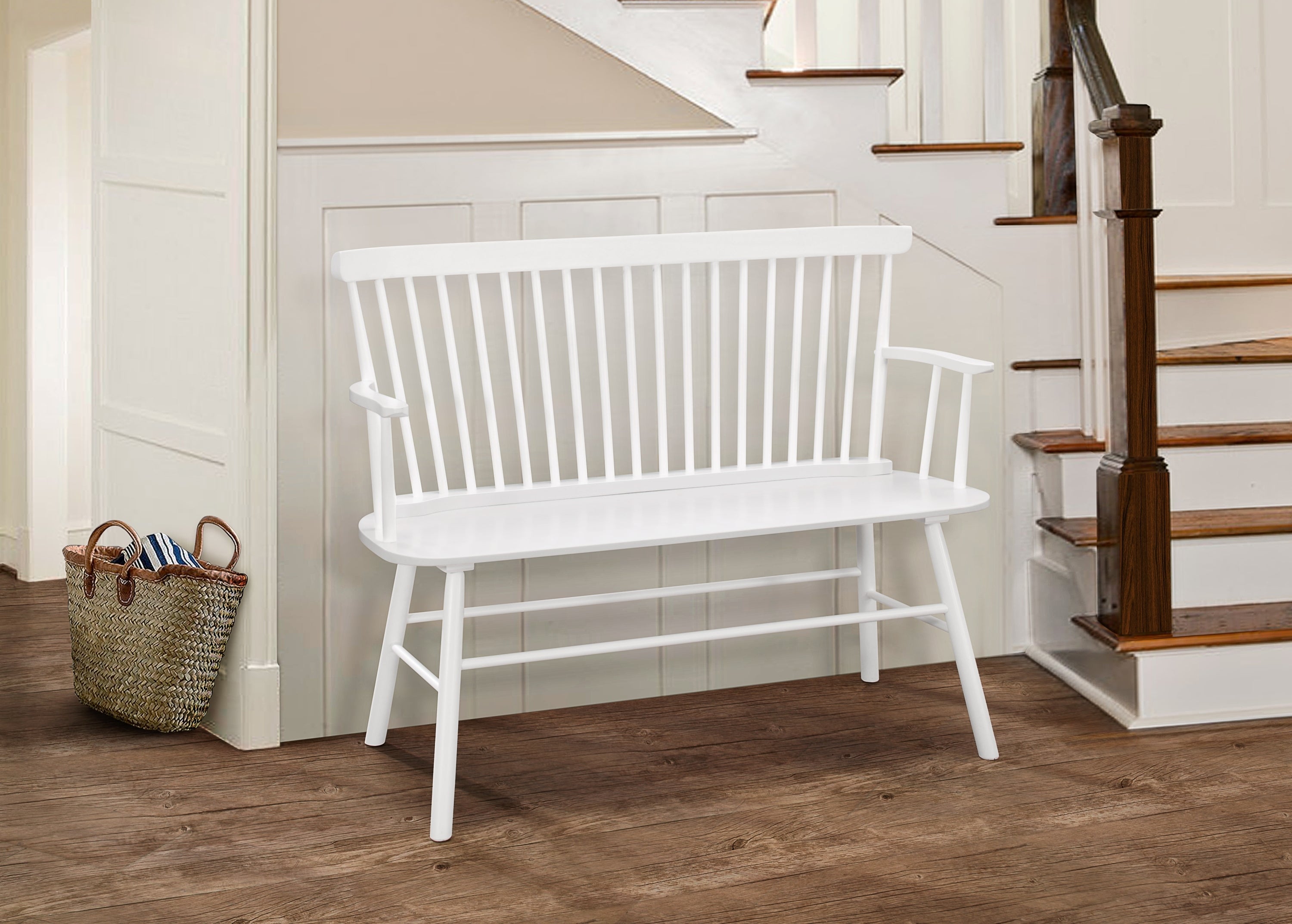 White Farmhouse Vintage Wood Spindle Back Bench Chair