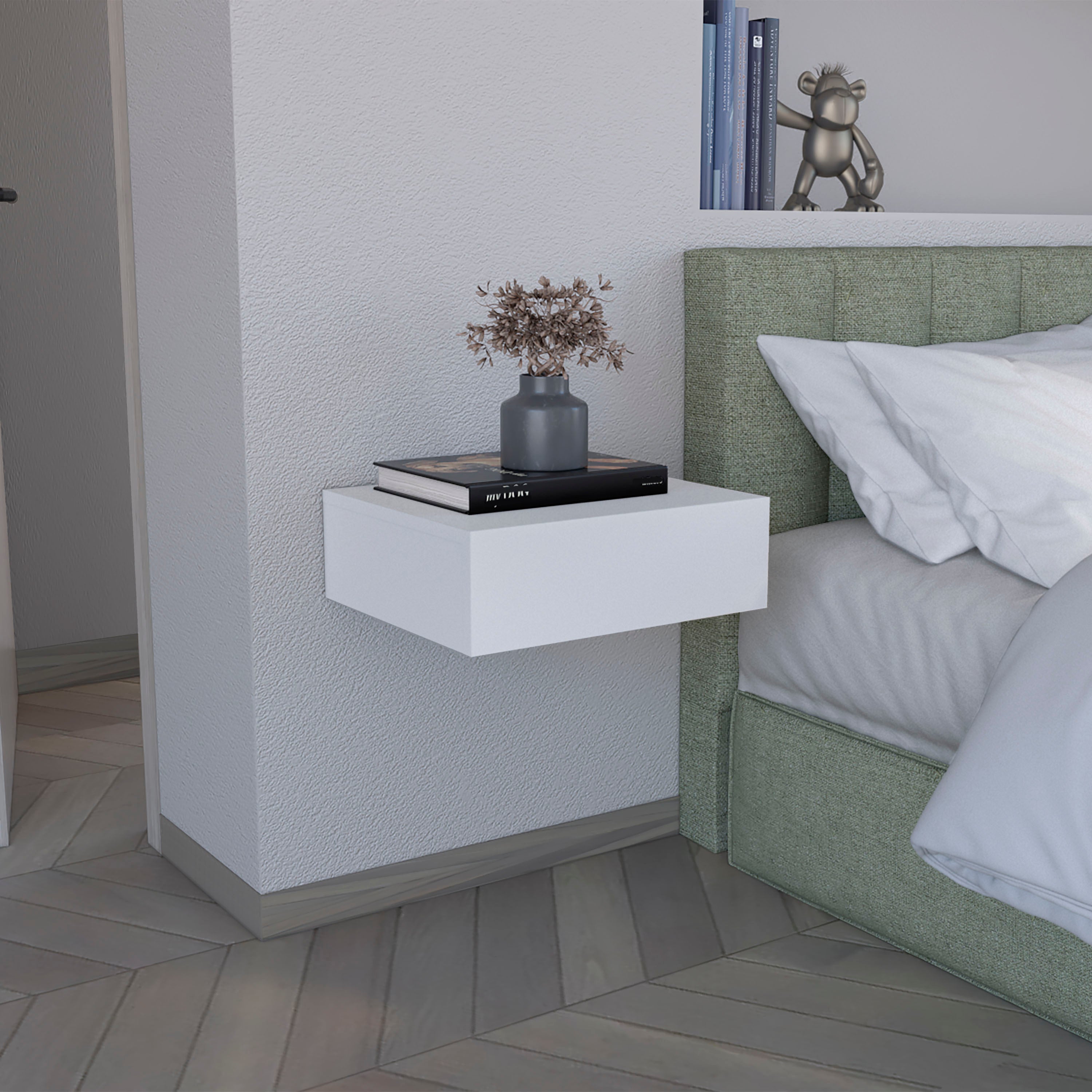 White Floating Nightstand - Modern Wall-Mounted Bedside Shelf w/ Drawer