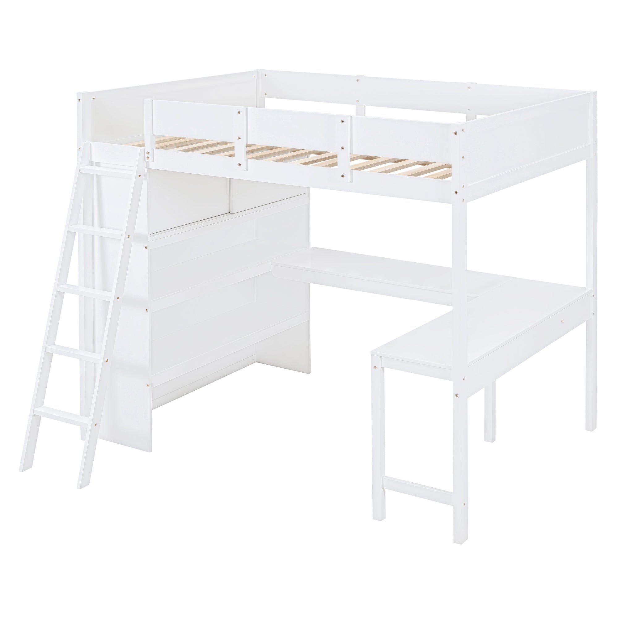 Full Size White Pinewood Loft Bed with Desk & Storage Shelves