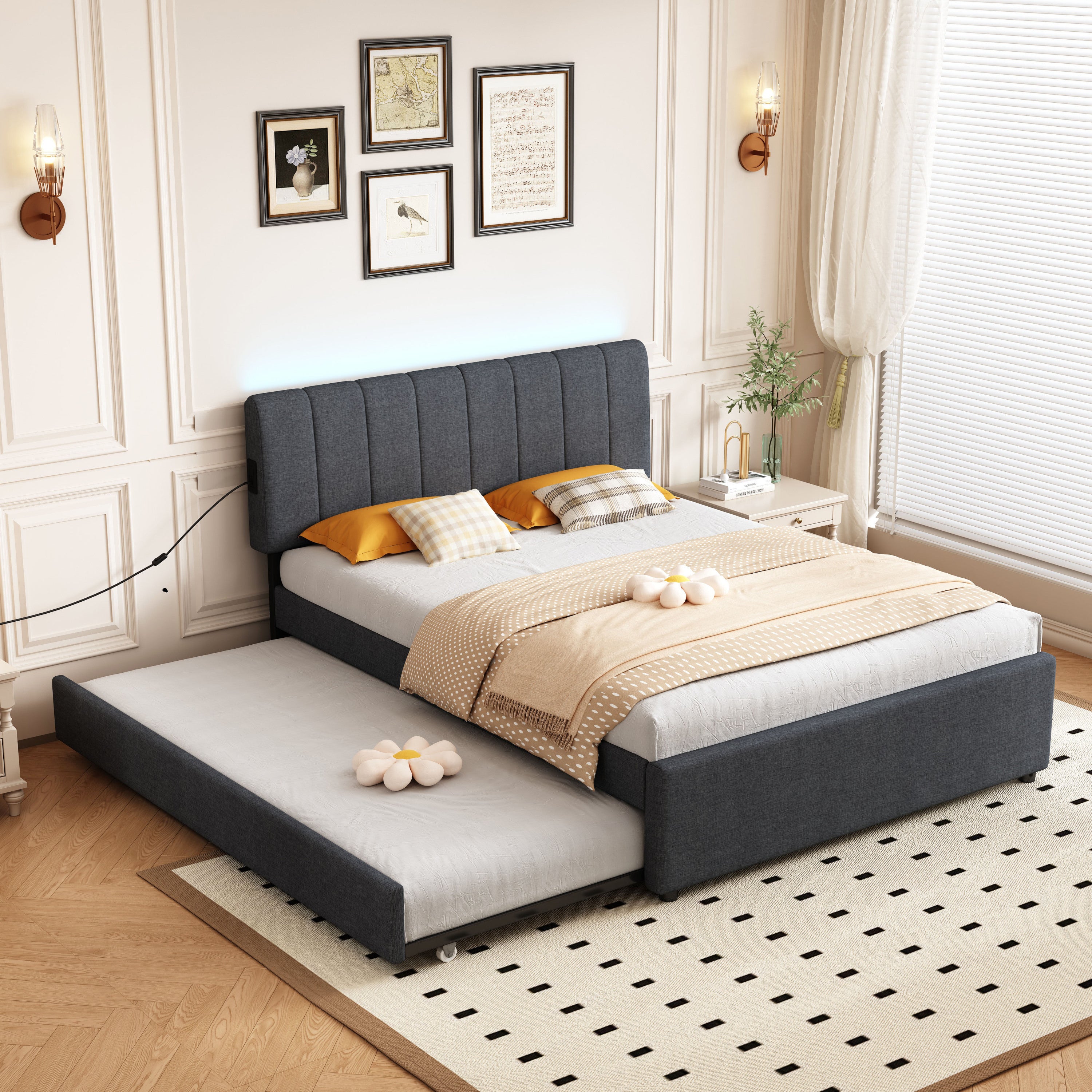 Full Size Upholstered Platform Bed w/ Trundle, USB, Smart LED, App - Dark Grey