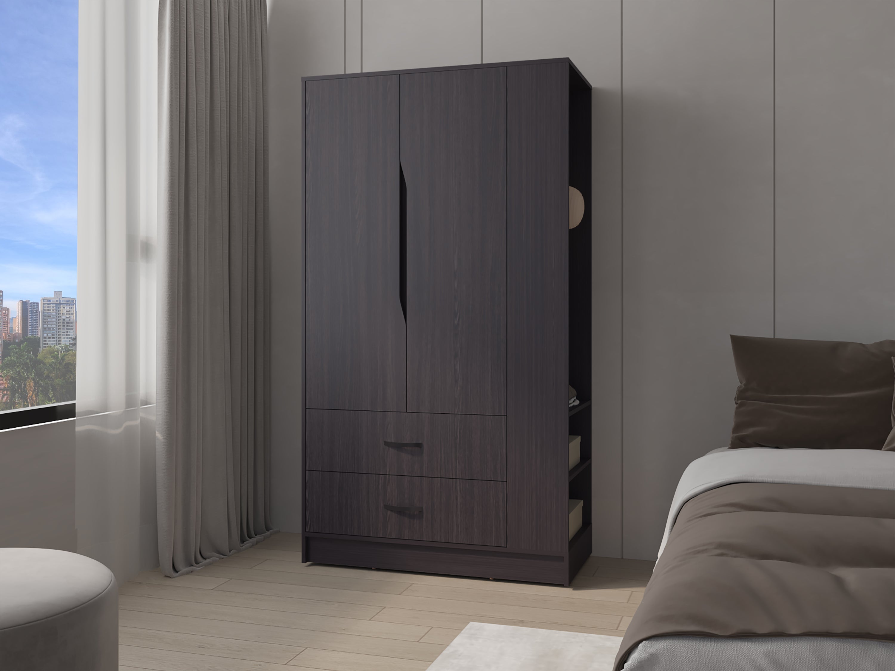 Sehili Wardrobe Wenge: 3 Doors, 1 Drawer, Side Shelves