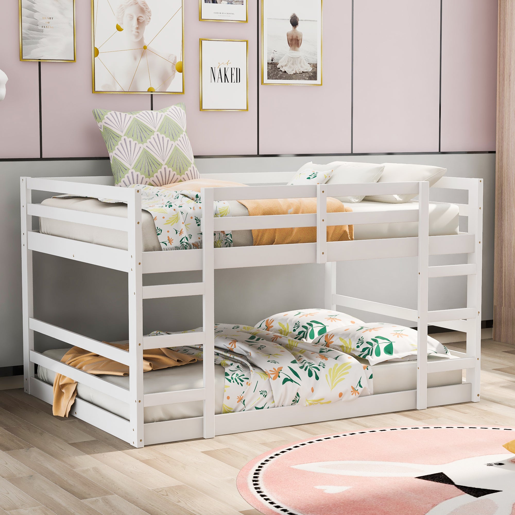 White Full Over Full Bunk Bed with Ladder, Sturdy Kids Bedroom Set