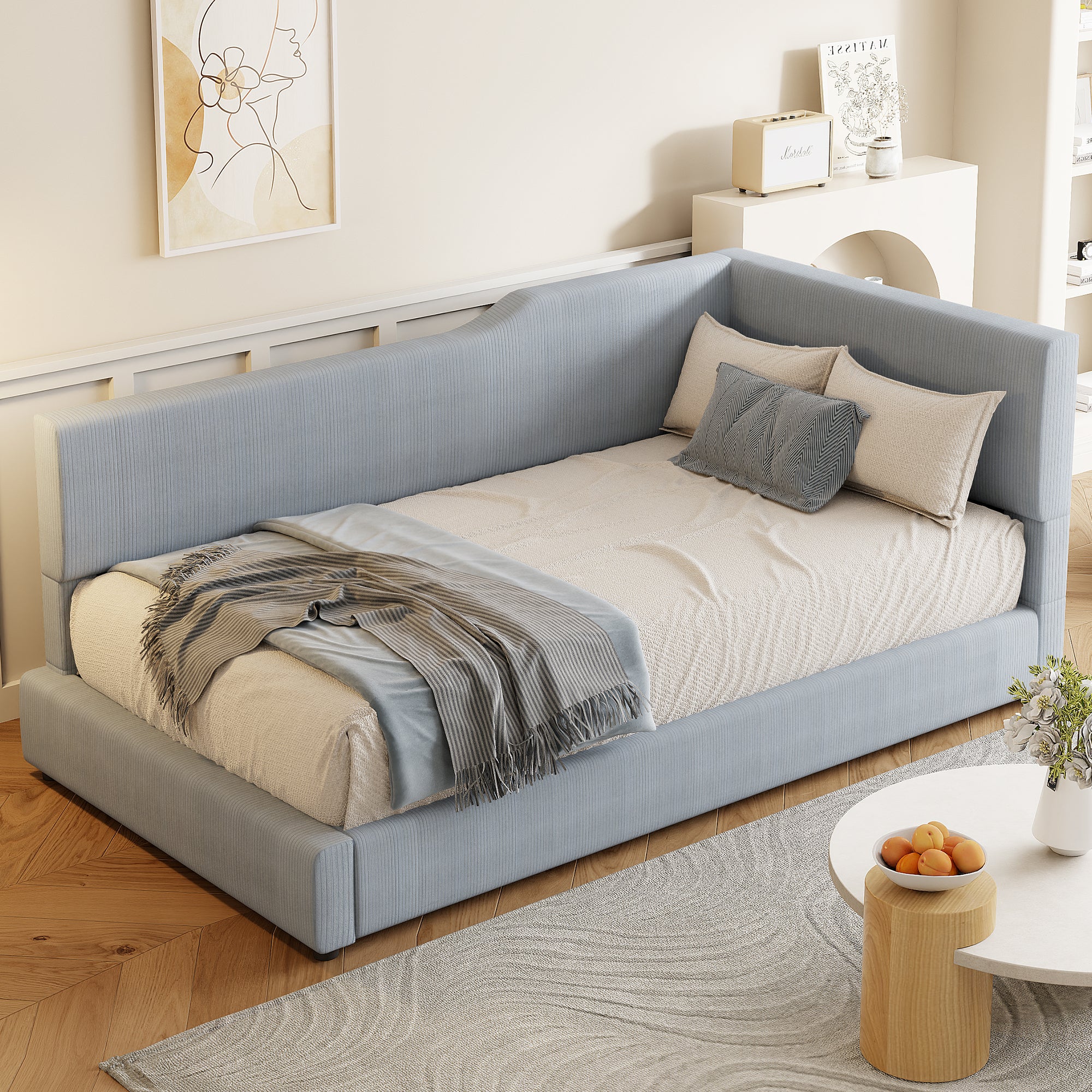 Twin L-Shaped Corduroy Upholstered Gray Daybed for Small Spaces
