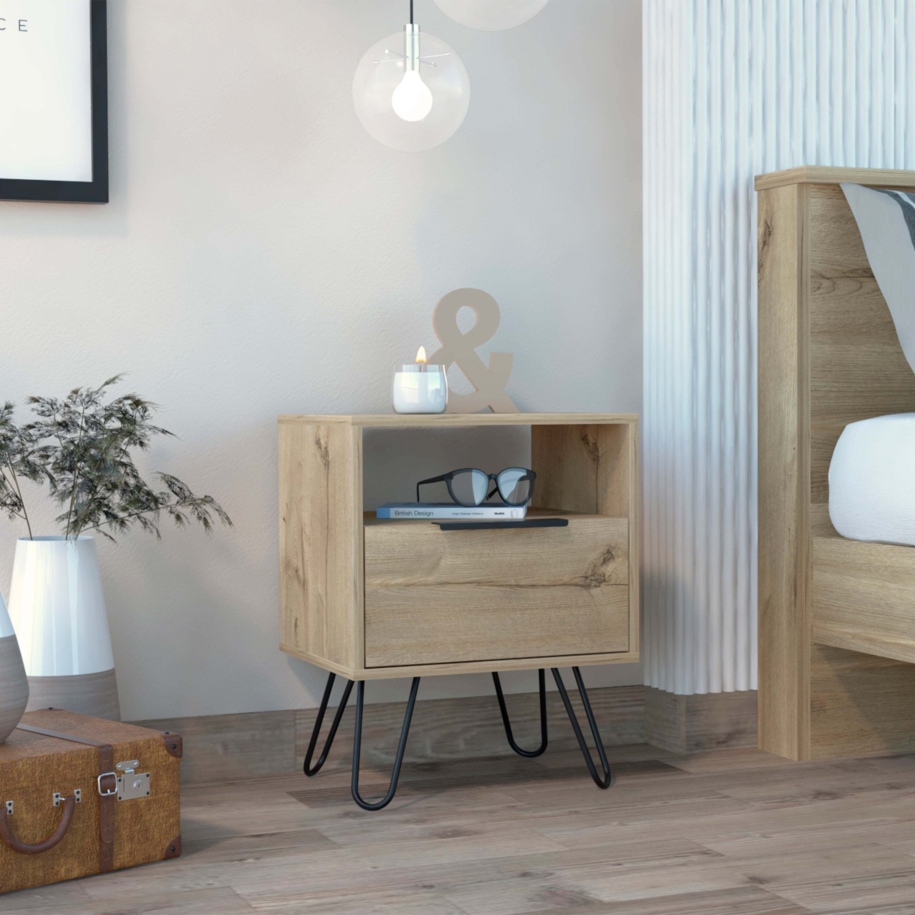 Vienna Nightstand with Shelves & Hairpin Legs