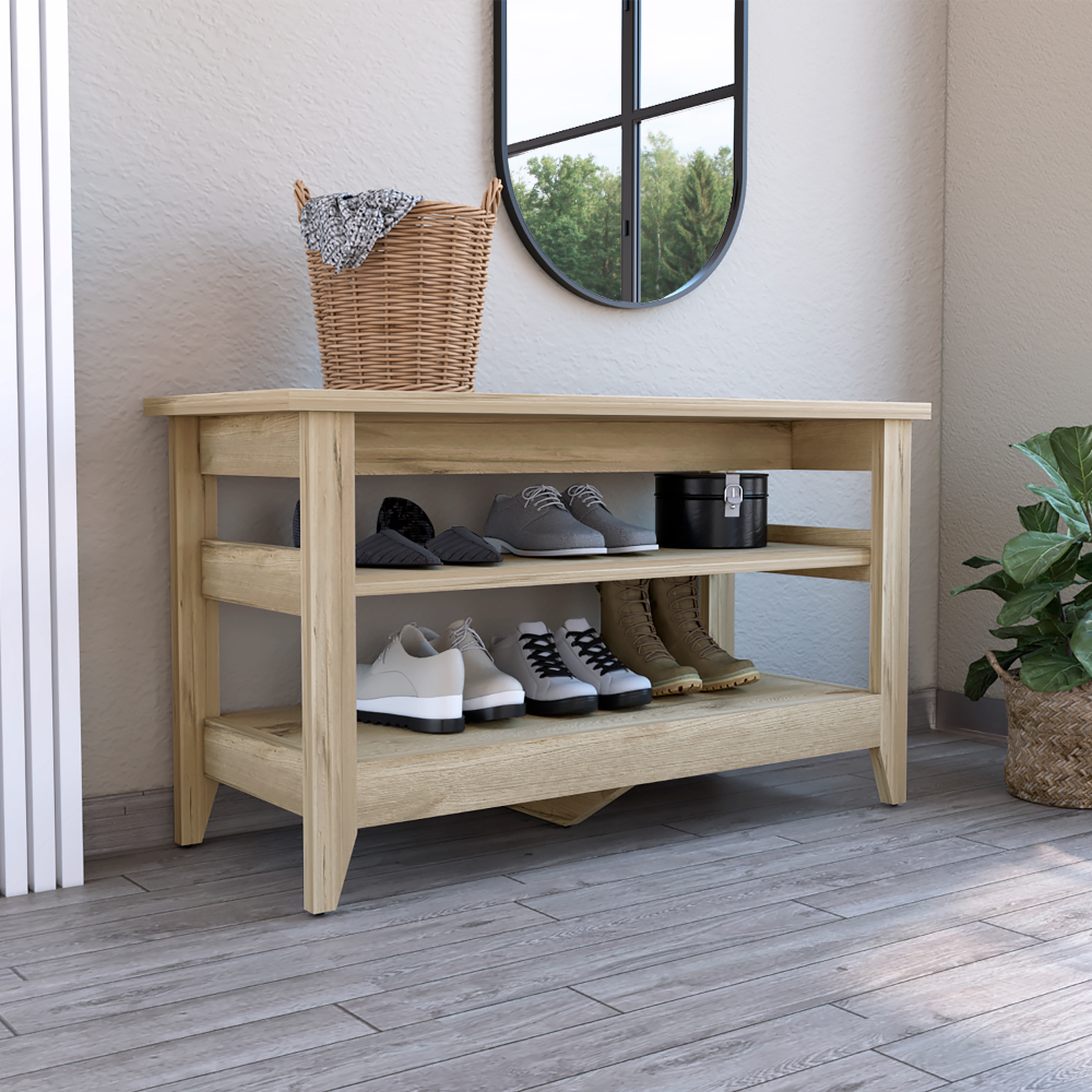 Light Oak Storage Bench with 2 Open Shelves