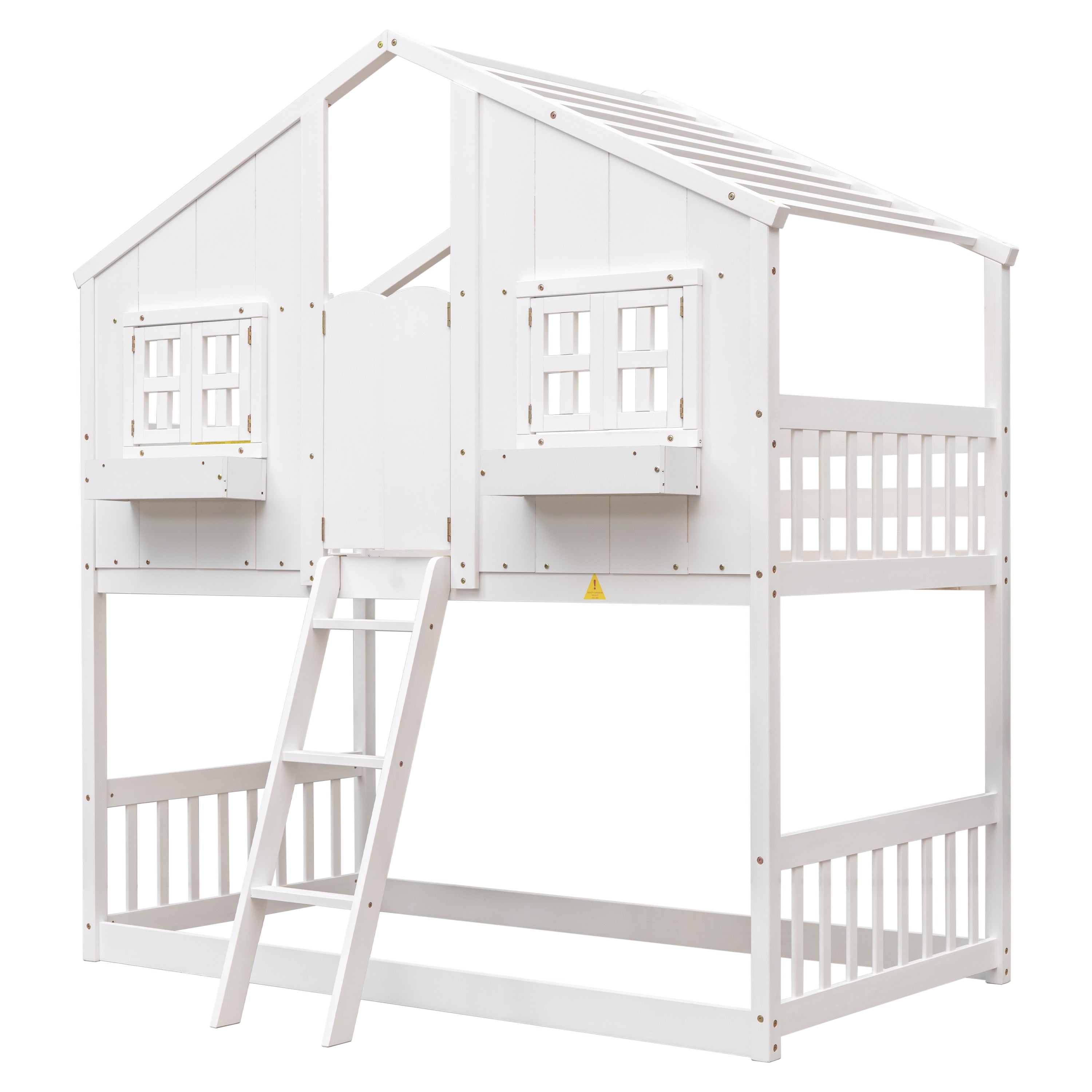 Twin Over Twin Bunk Bed with Roof & Safety Rails