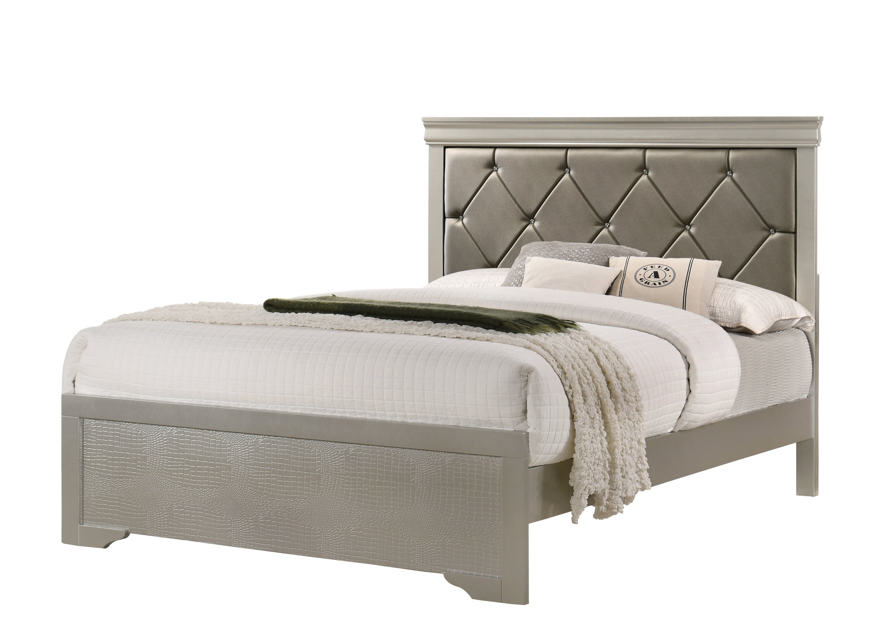 Modern King Panel Bed: Beige Upholstered Tufted Headboard