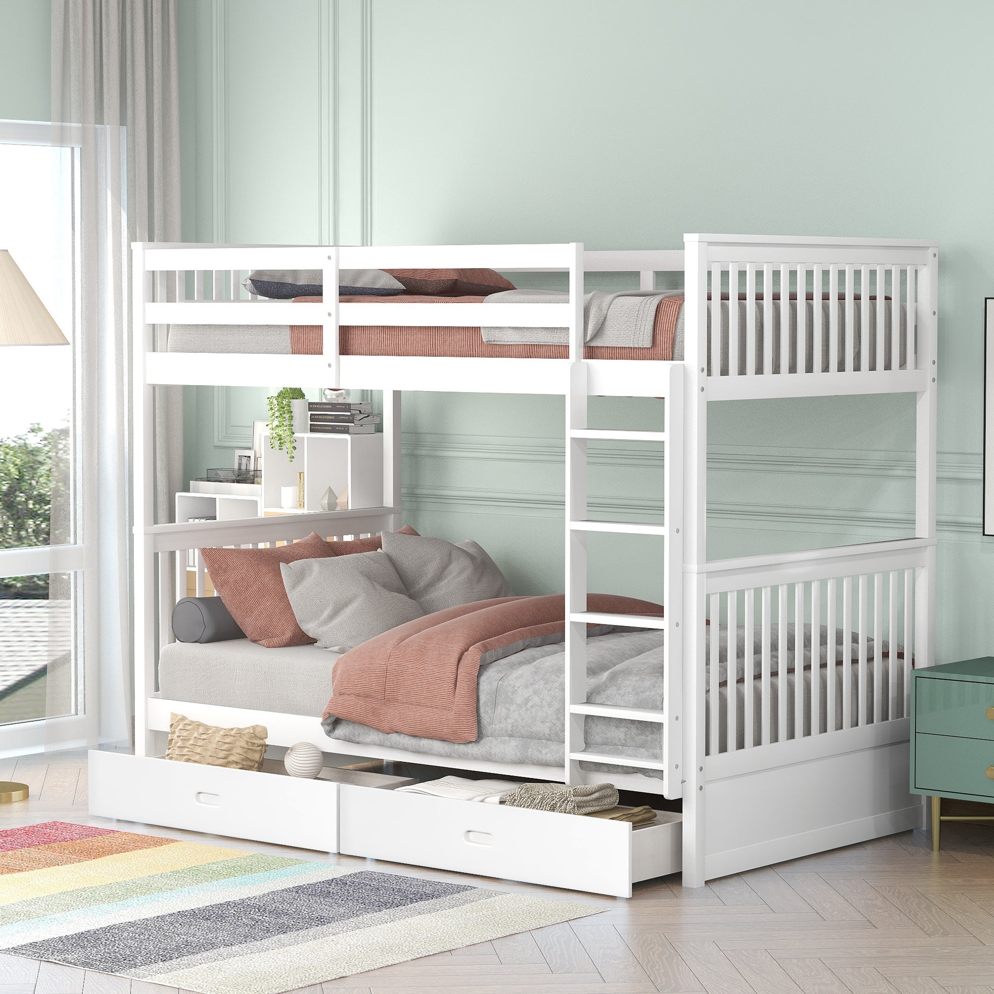 Twin-Over-Twin Bunk Bed with 2 Storage Drawers - White