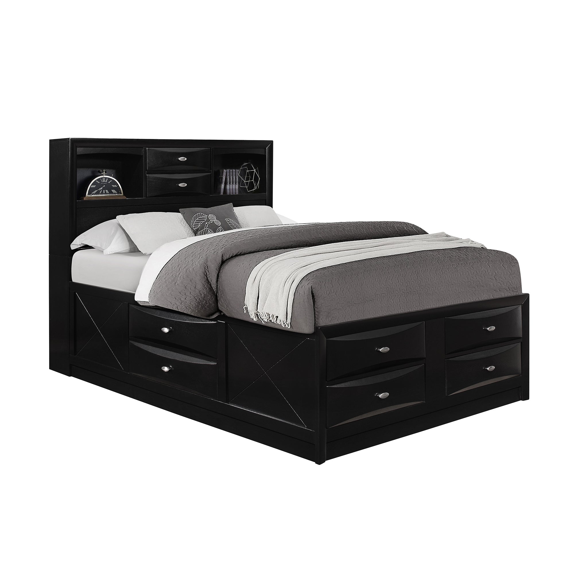 LUCILLE Black King Bedroom Set: Storage Drawers, Bookcase Headboard