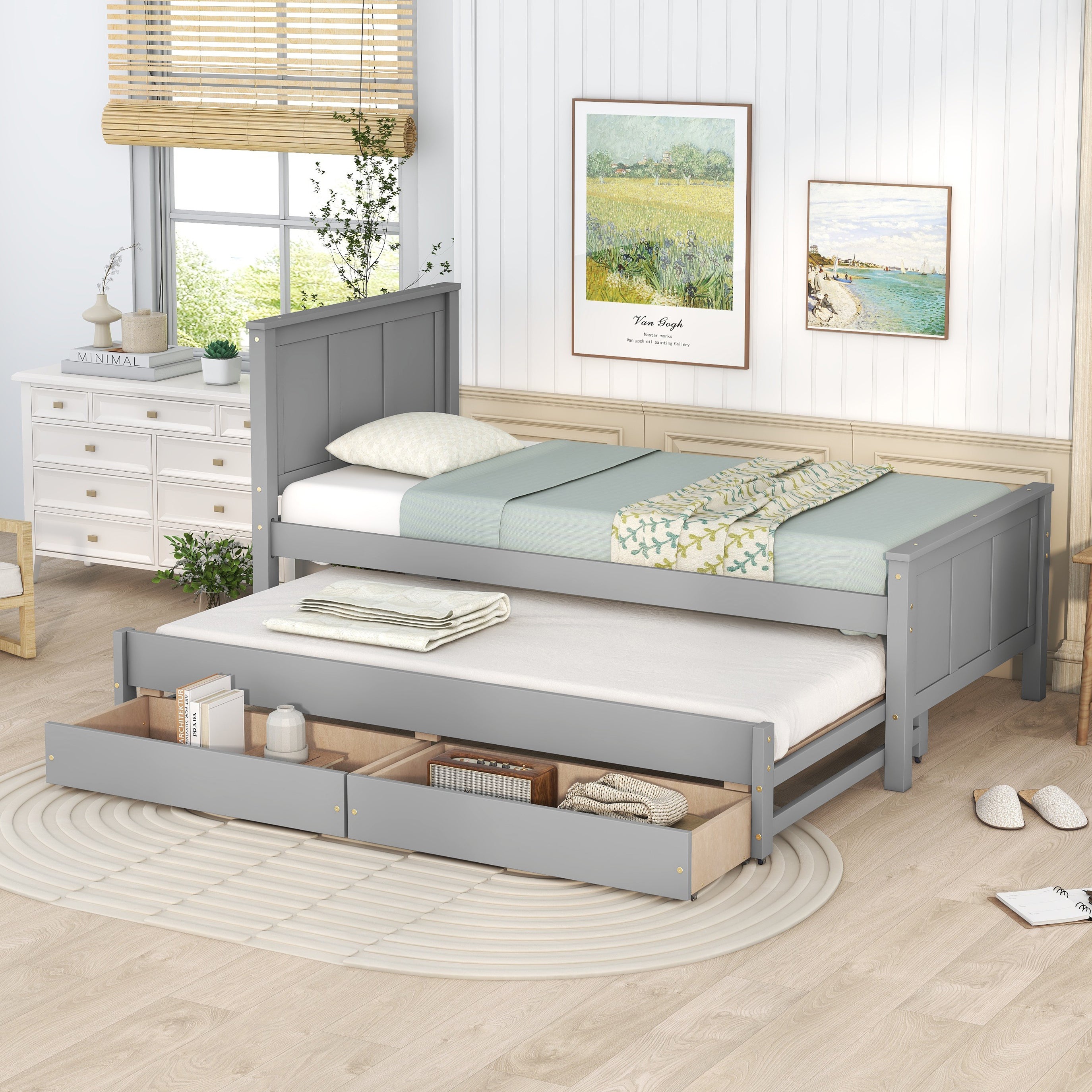 Twin Size Platform Bed w/ Trundle & Storage Drawers, Gray