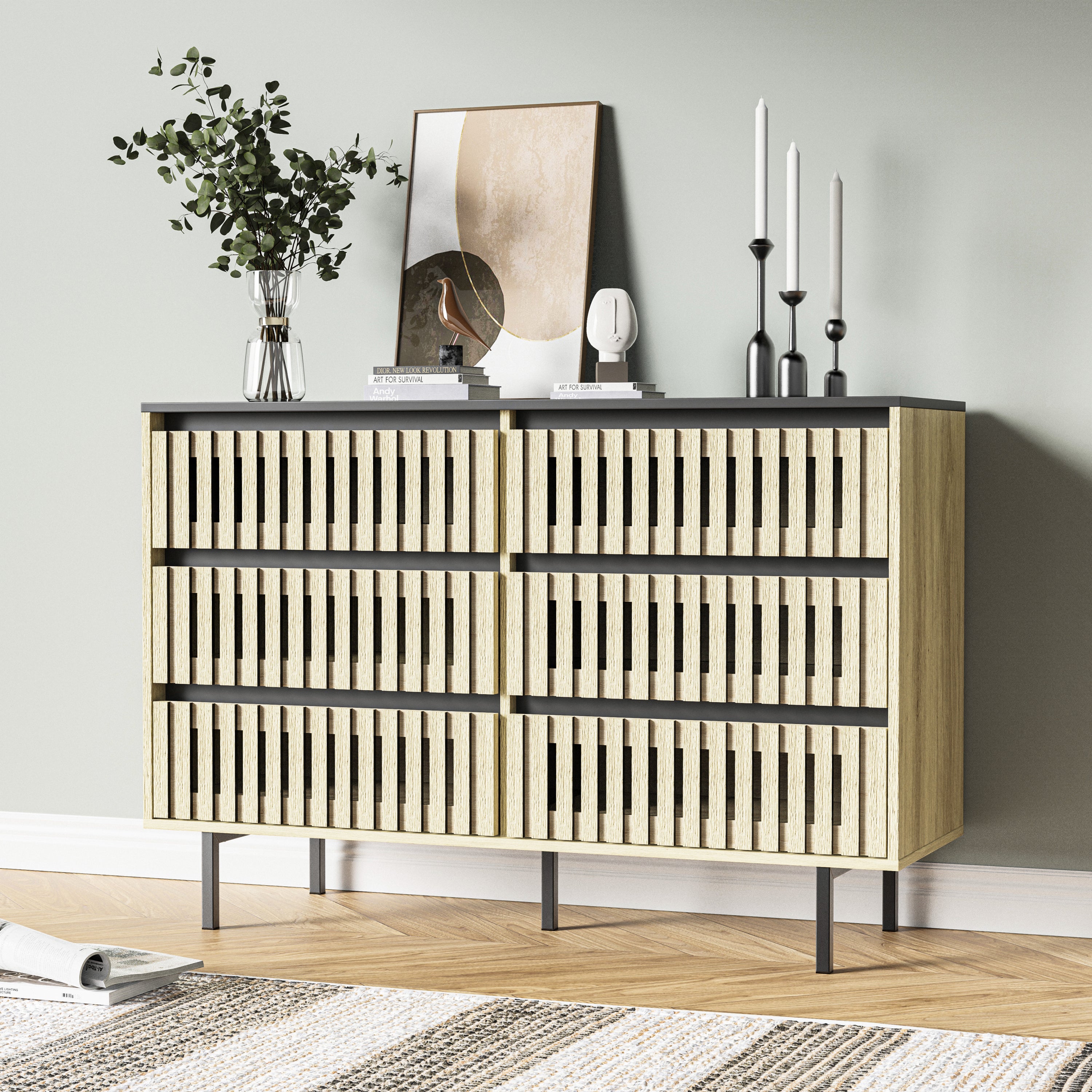 Modern Fluted Bedroom Cabinet: 6-Drawer, Two-Tone Storage