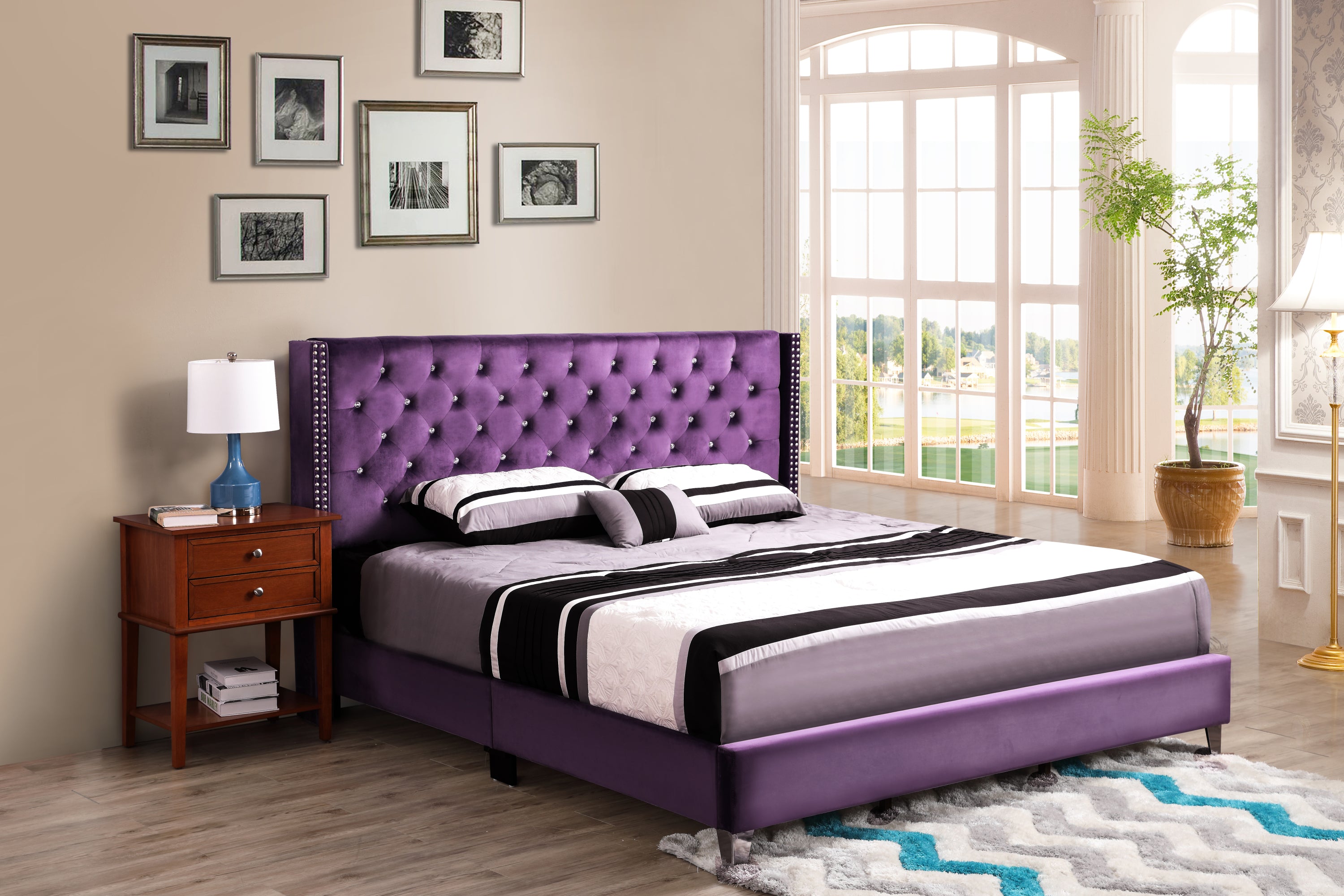 Elegant Purple Transitional King Bed Frame - Stylish Bedroom Furniture
