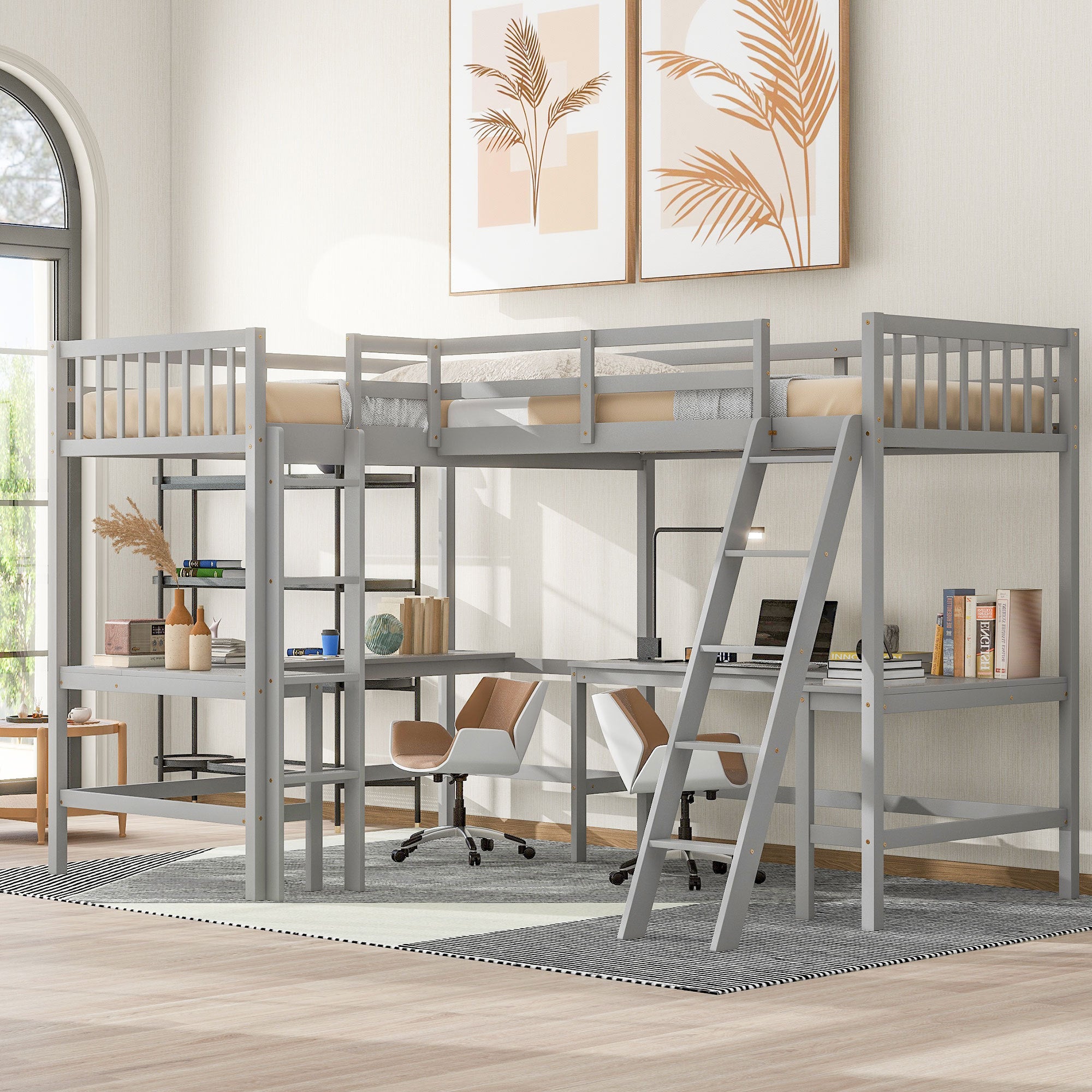 Twin L-Shaped Wood Loft Bed with Ladder & 2 L-Shaped Desks, Gray