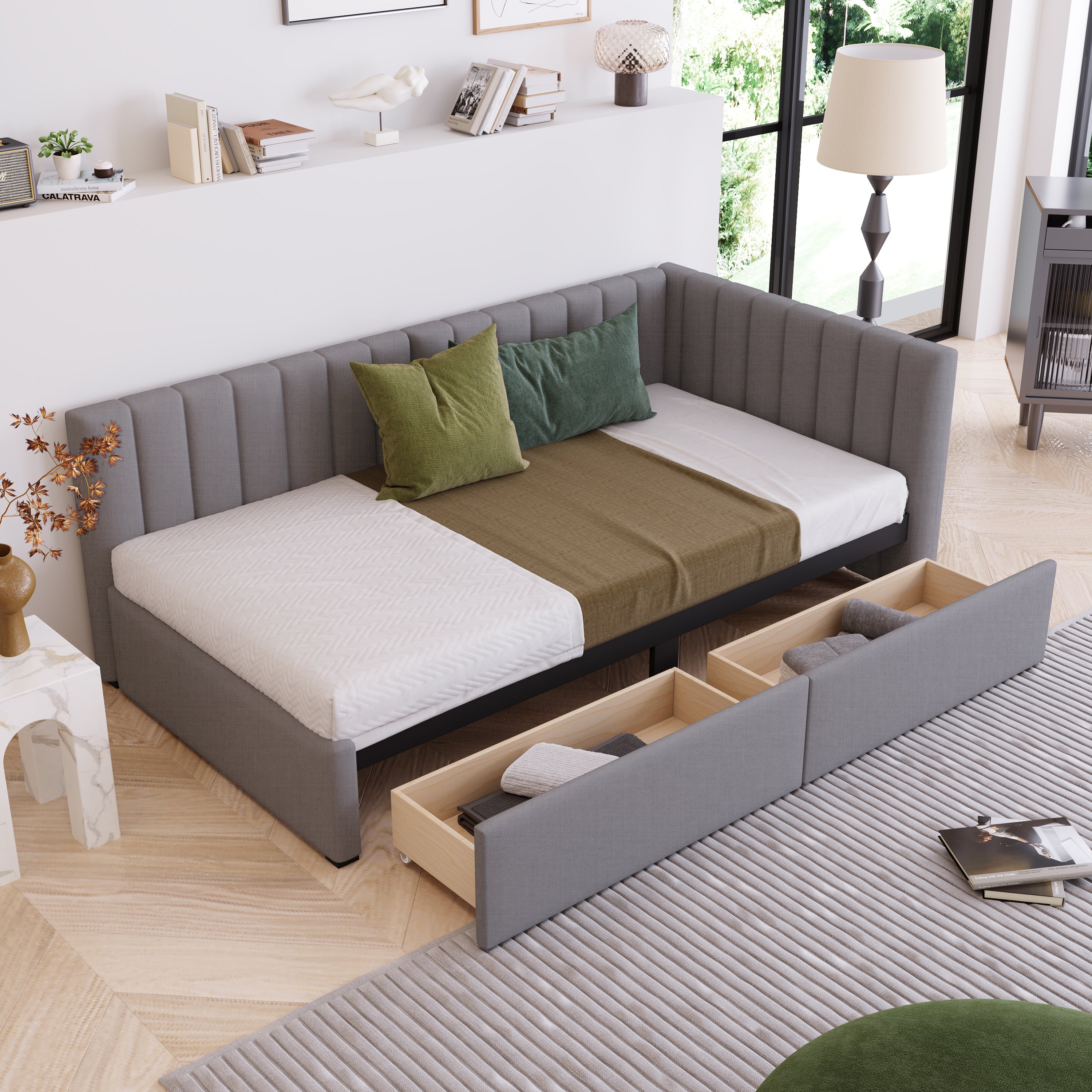 Twin Upholstered Daybed w/ Storage, Gray Linen, No Box Spring