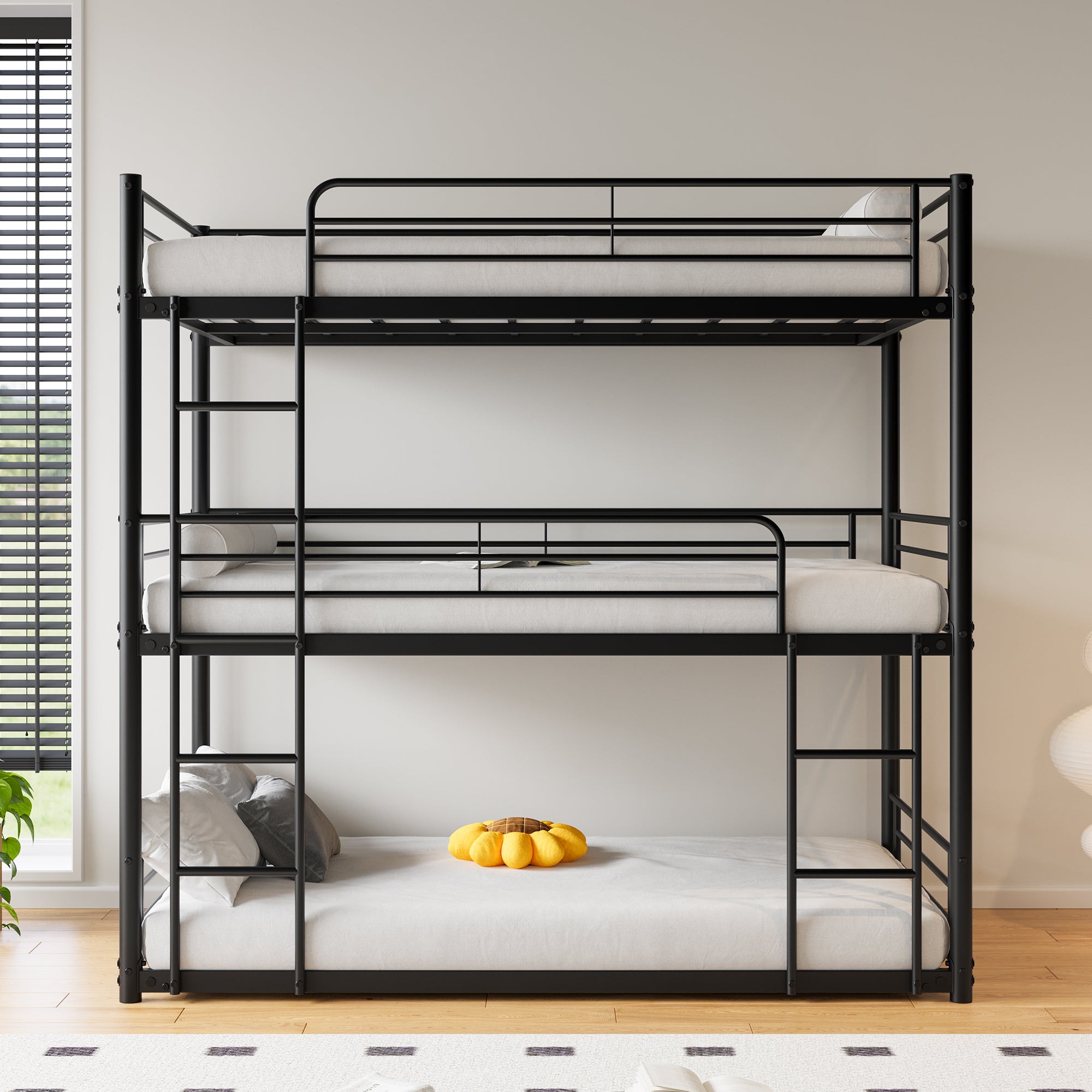 Triple Twin Metal Bunk Bed Frame Black - 3-Tier, No Box Spring