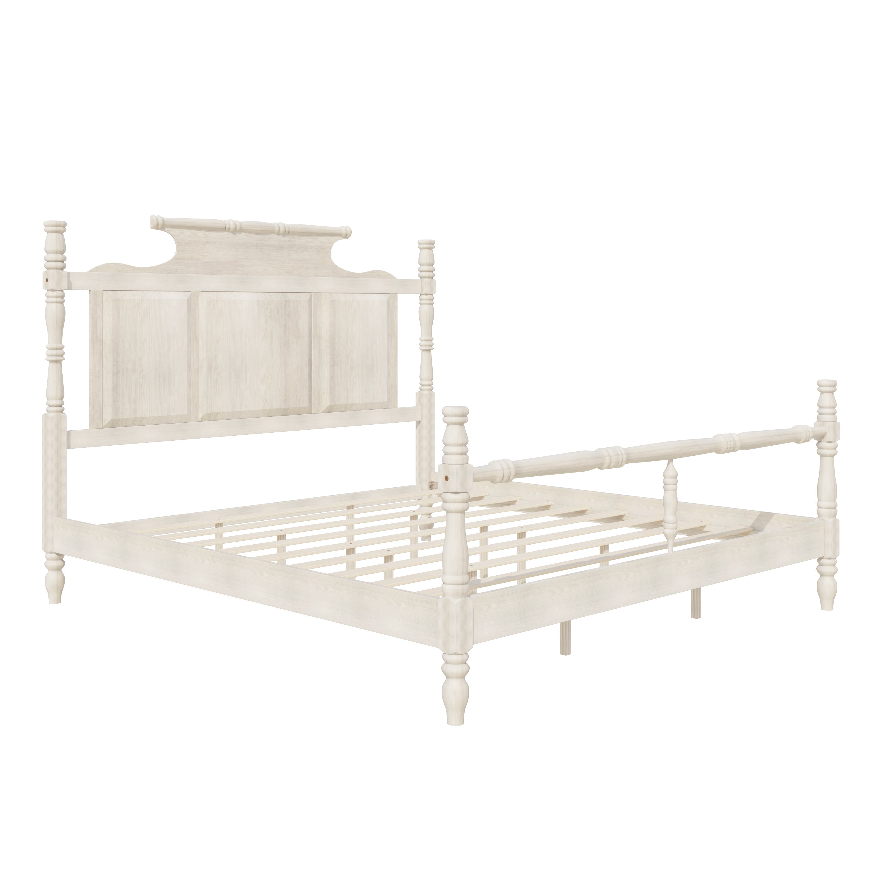 King Size Vintage Country Wood 4-Poster Platform Bed - Retro White