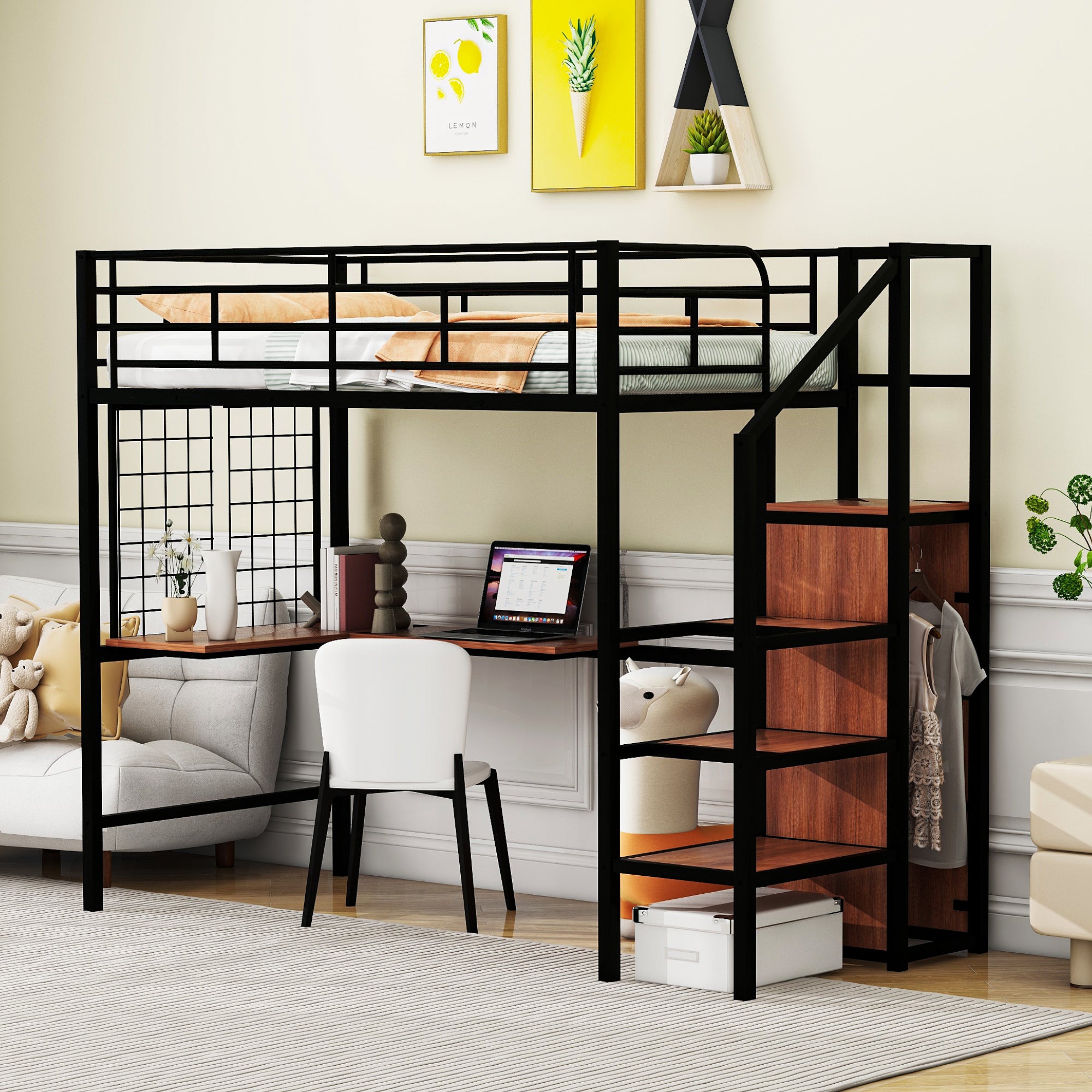 Twin Metal Loft Bed: Desk, Wardrobe, Storage Ladder & Grid - Black