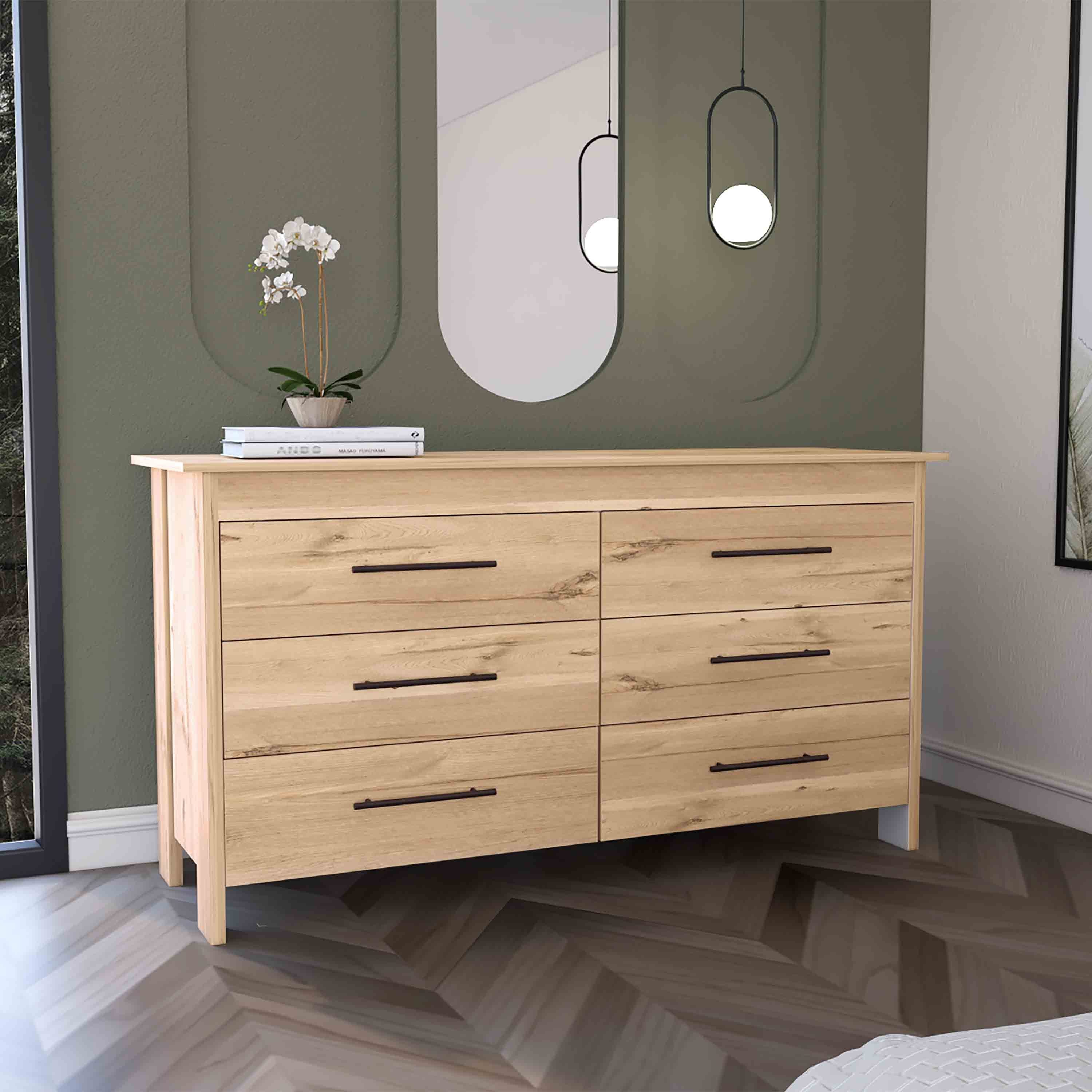 Light Oak & White Double Dresser - 6 Drawer Superior Top