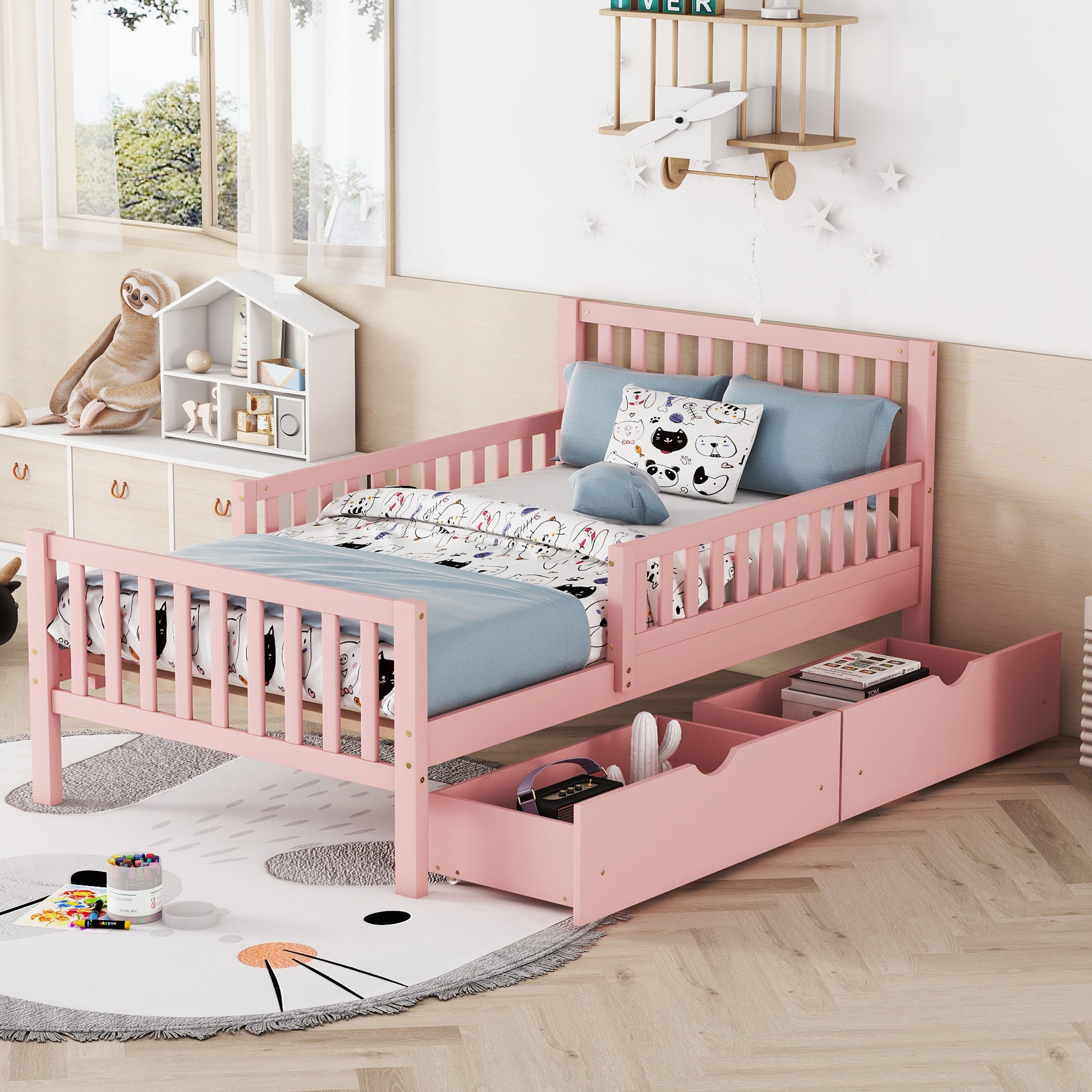 Pink Twin Wood Platform Bed w/Guardrails & Drawers