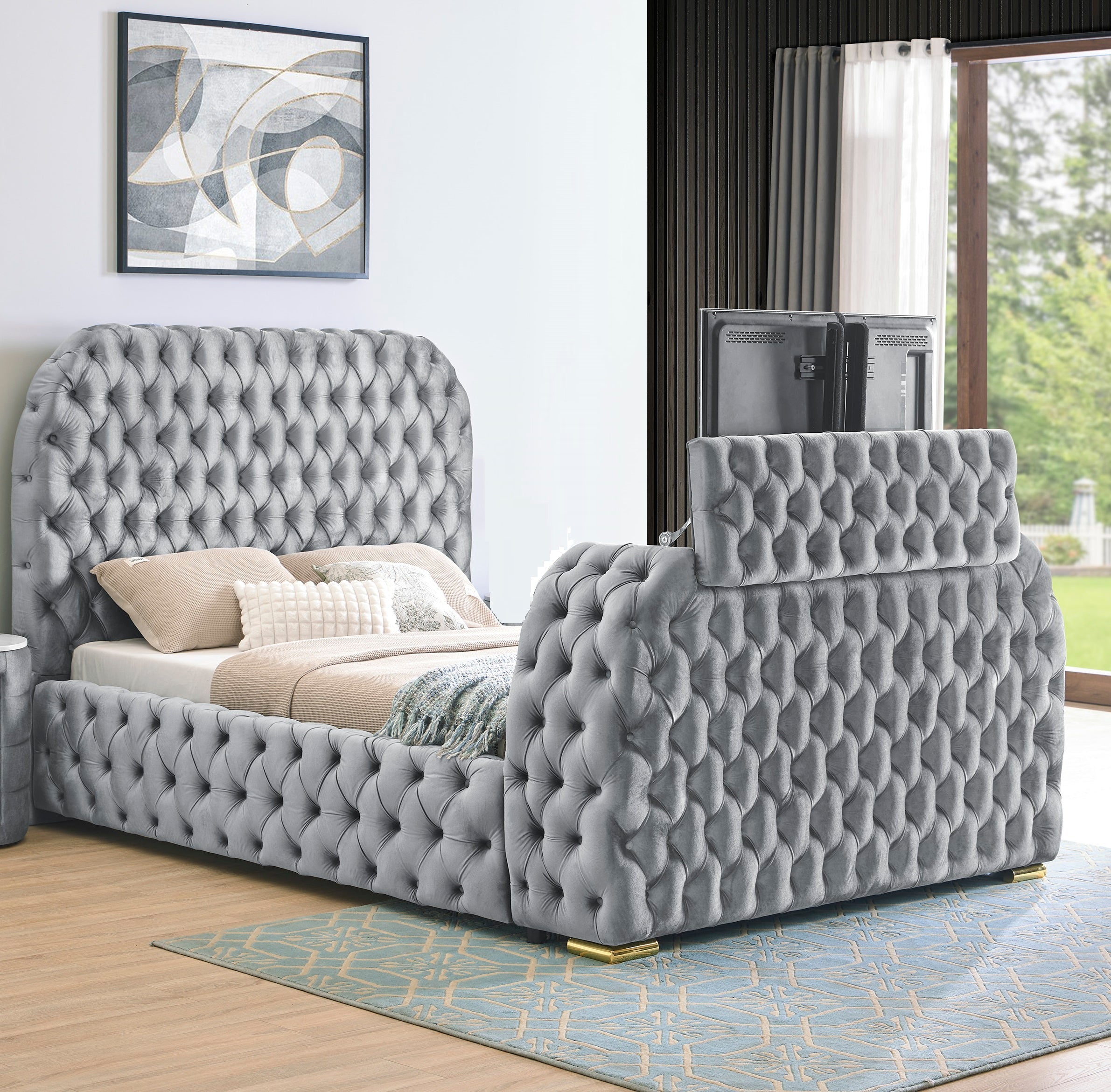 Queen Bed: Velvet Tufted, TV Lift, Fireplace - Luxury Bedroom Furniture