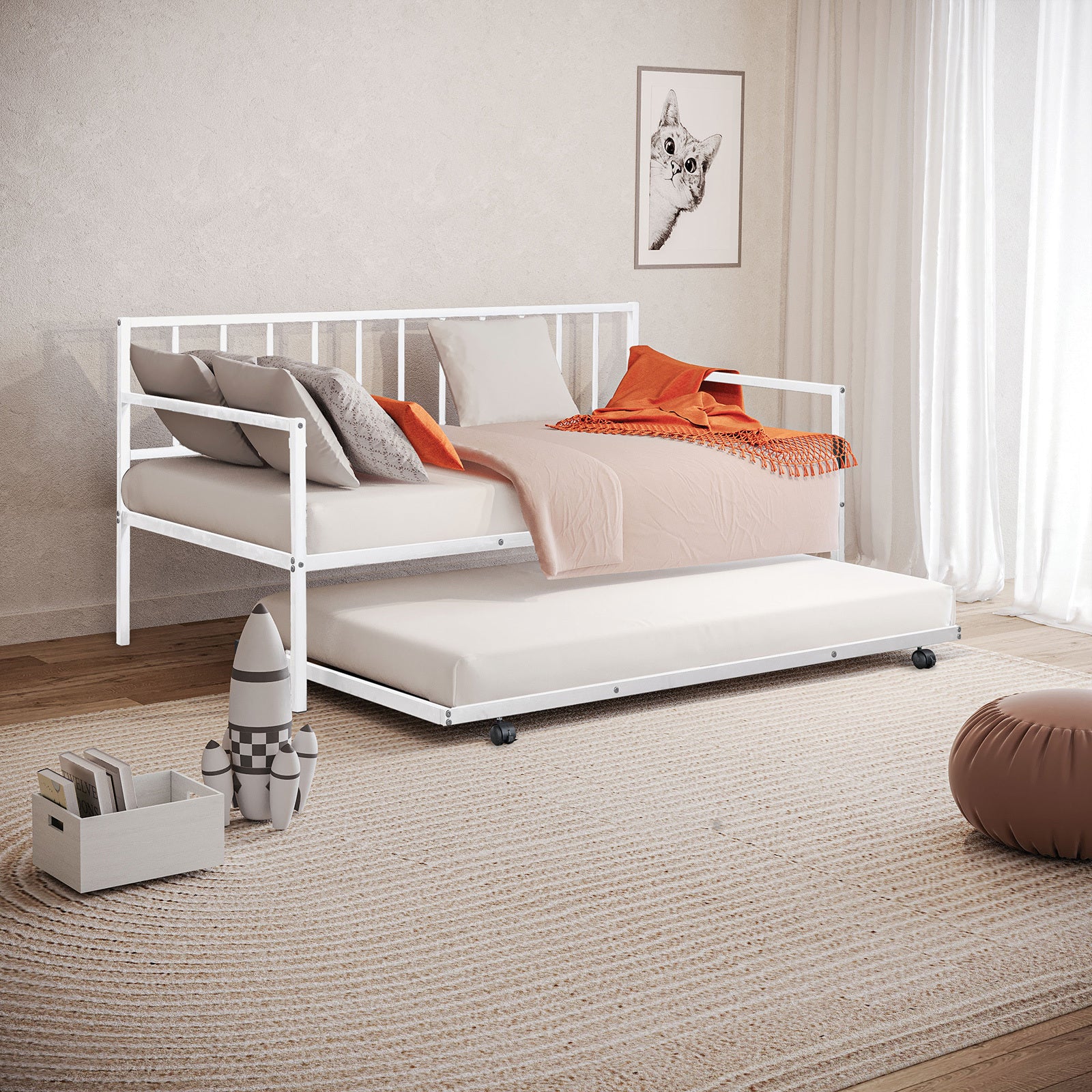 White Twin Metal Daybed with Trundle - Mattress Ready