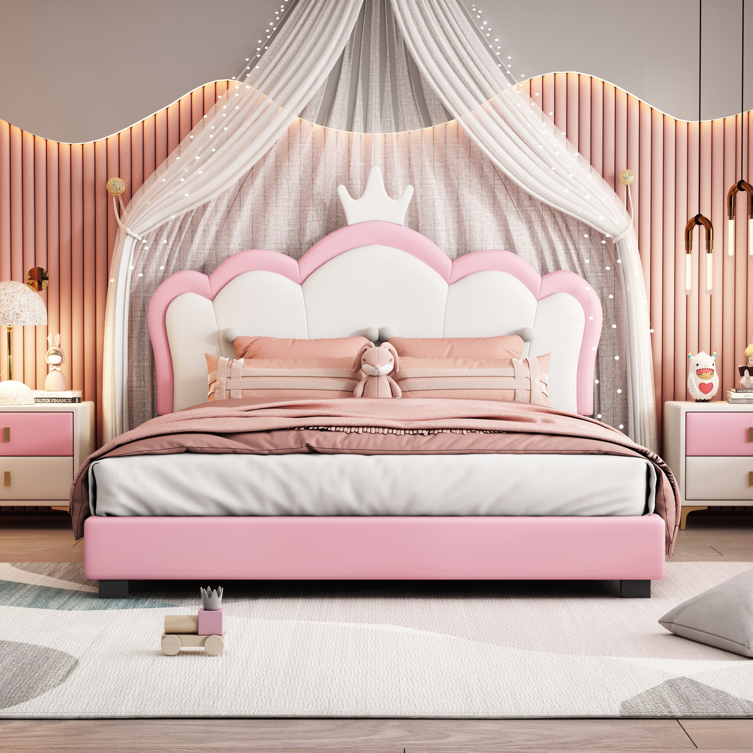 Full Size Upholstered Princess Bed with Crown Headboard Cream Pink