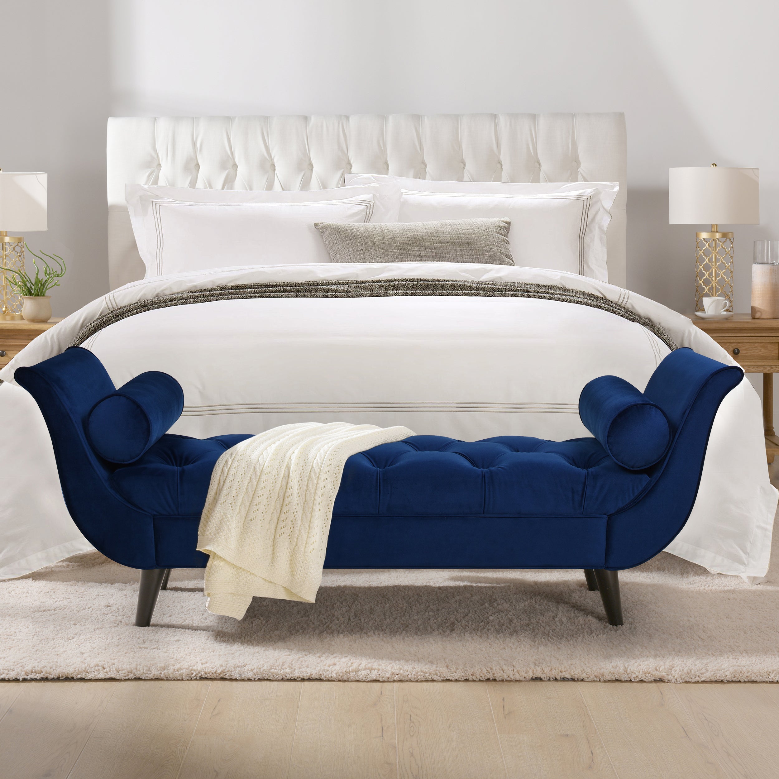 Alma Tufted Navy Velvet Flared Arm Entryway Bench