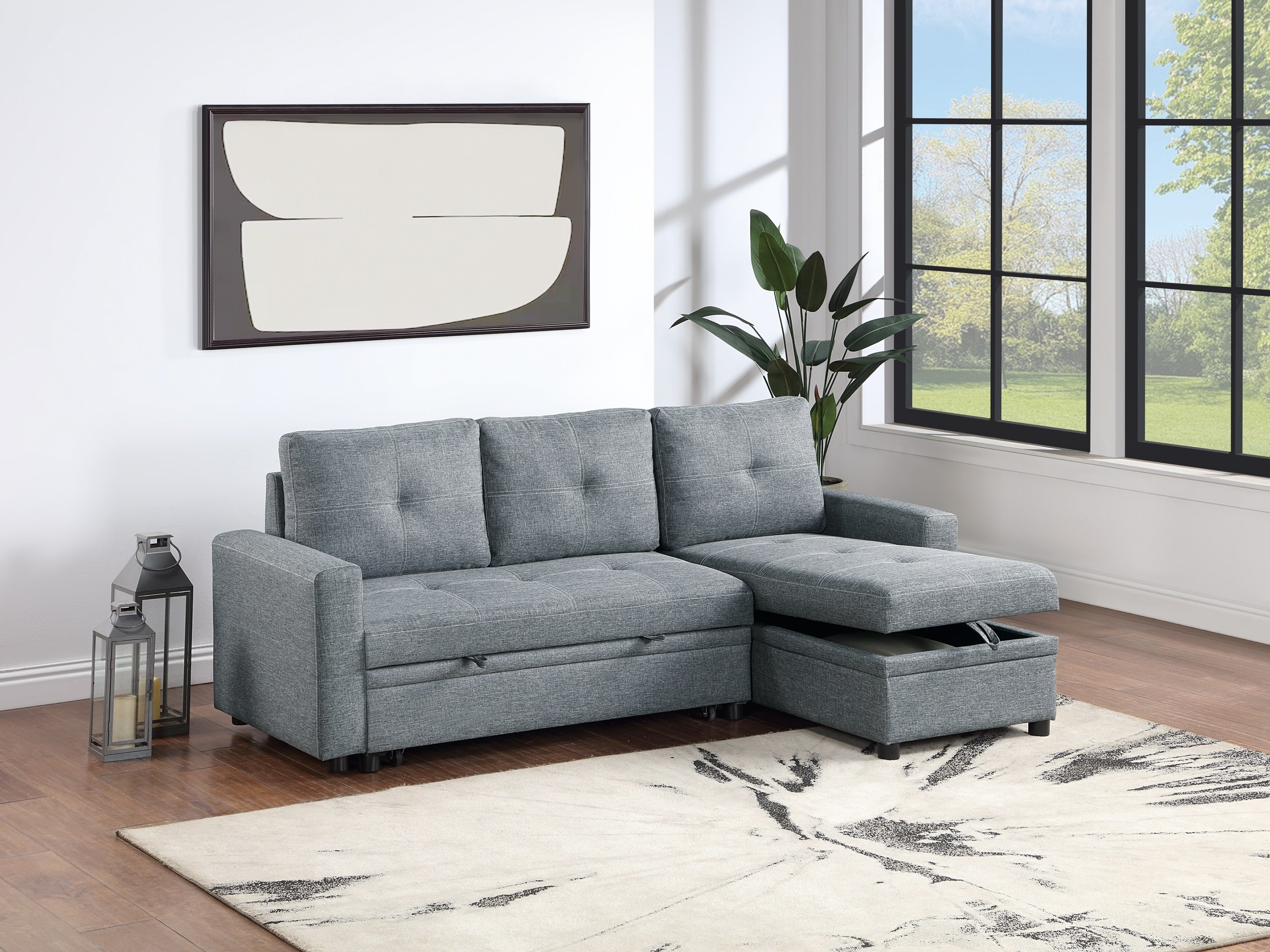 Black Gray Polyfiber Convertible Sectional Sofa Bed Storage