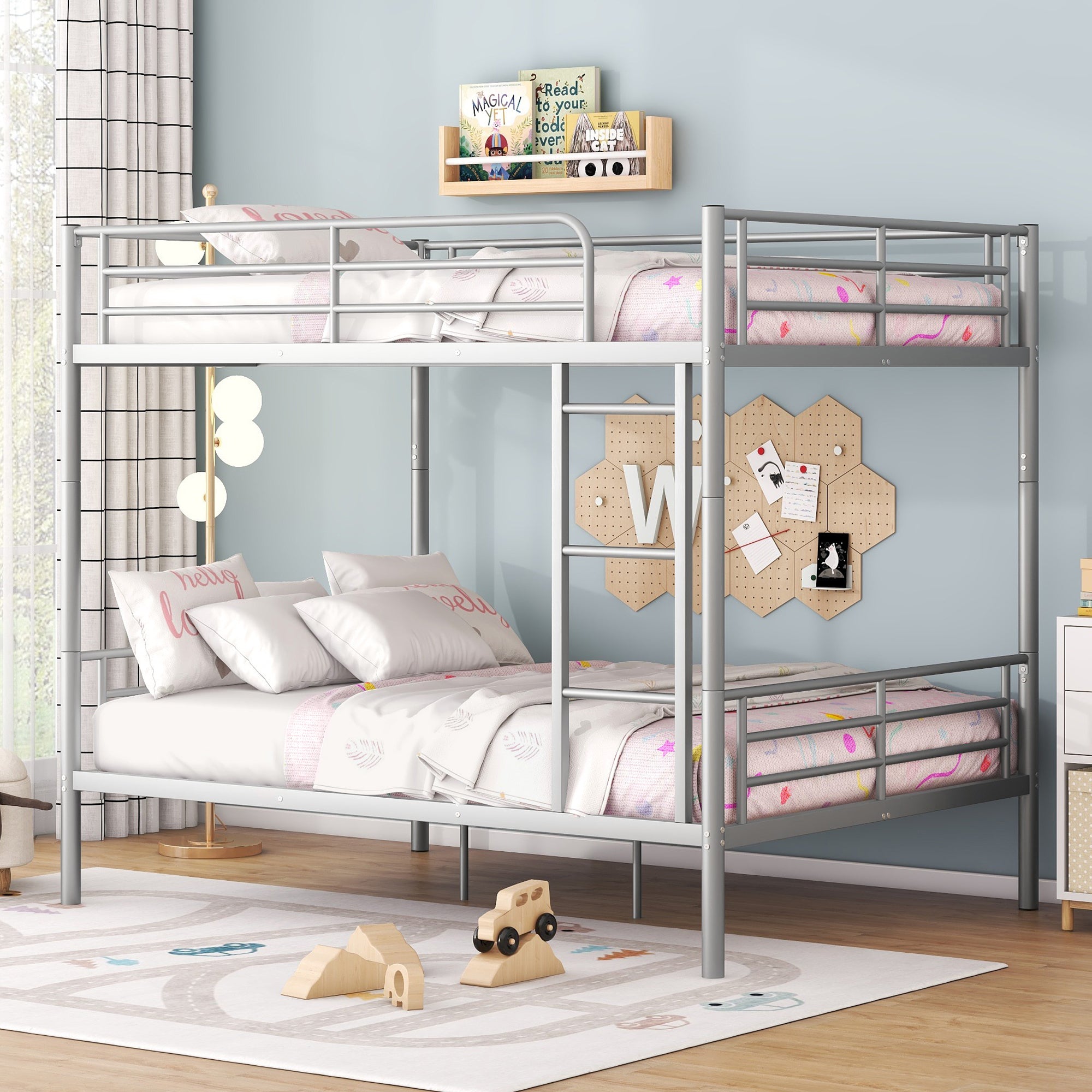 Full Over Full Metal Bunk Bed, Silver - Space-Saving Design