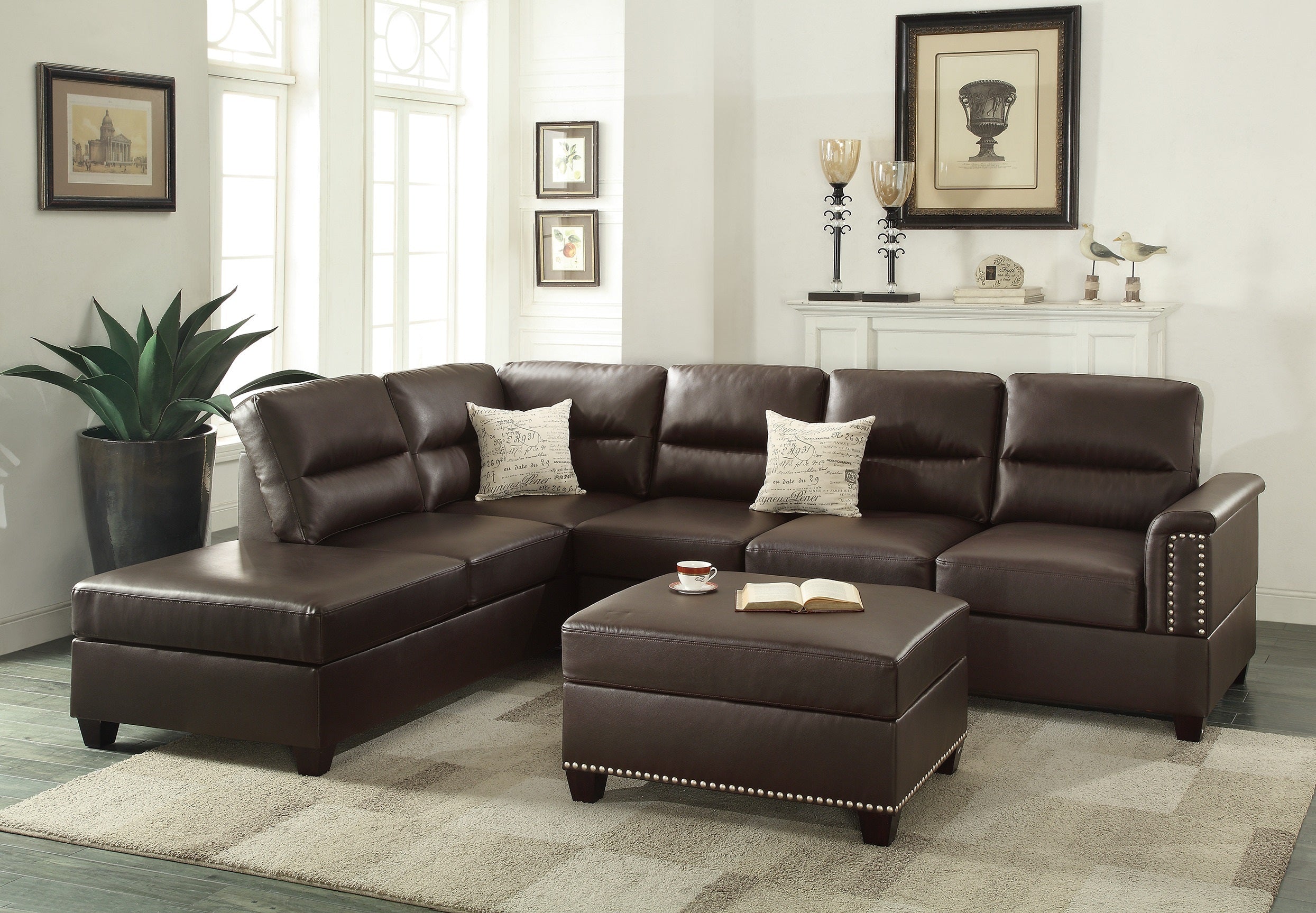 Espresso Faux Leather Reversible Sectional Sofa Chaise Set
