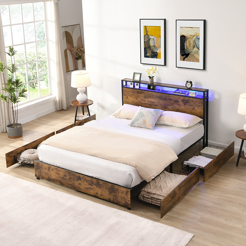 Queen Bed Frame with Storage, Charging Station & Headboard - Noise-Free