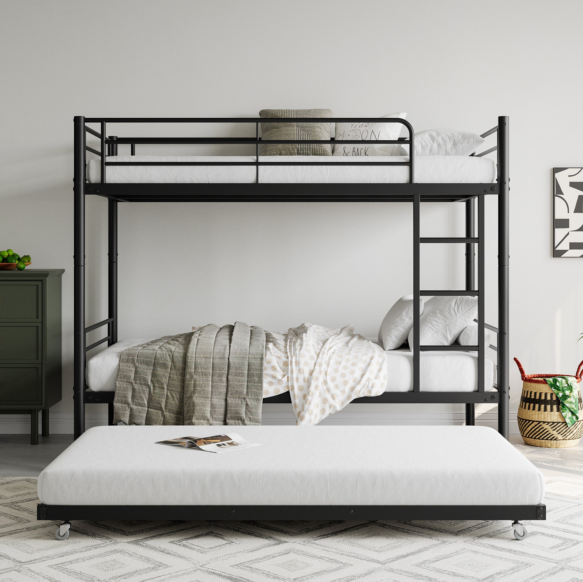 Twin Metal Bunk Bed with Trundle, Guardrail, Black, No Box Spring