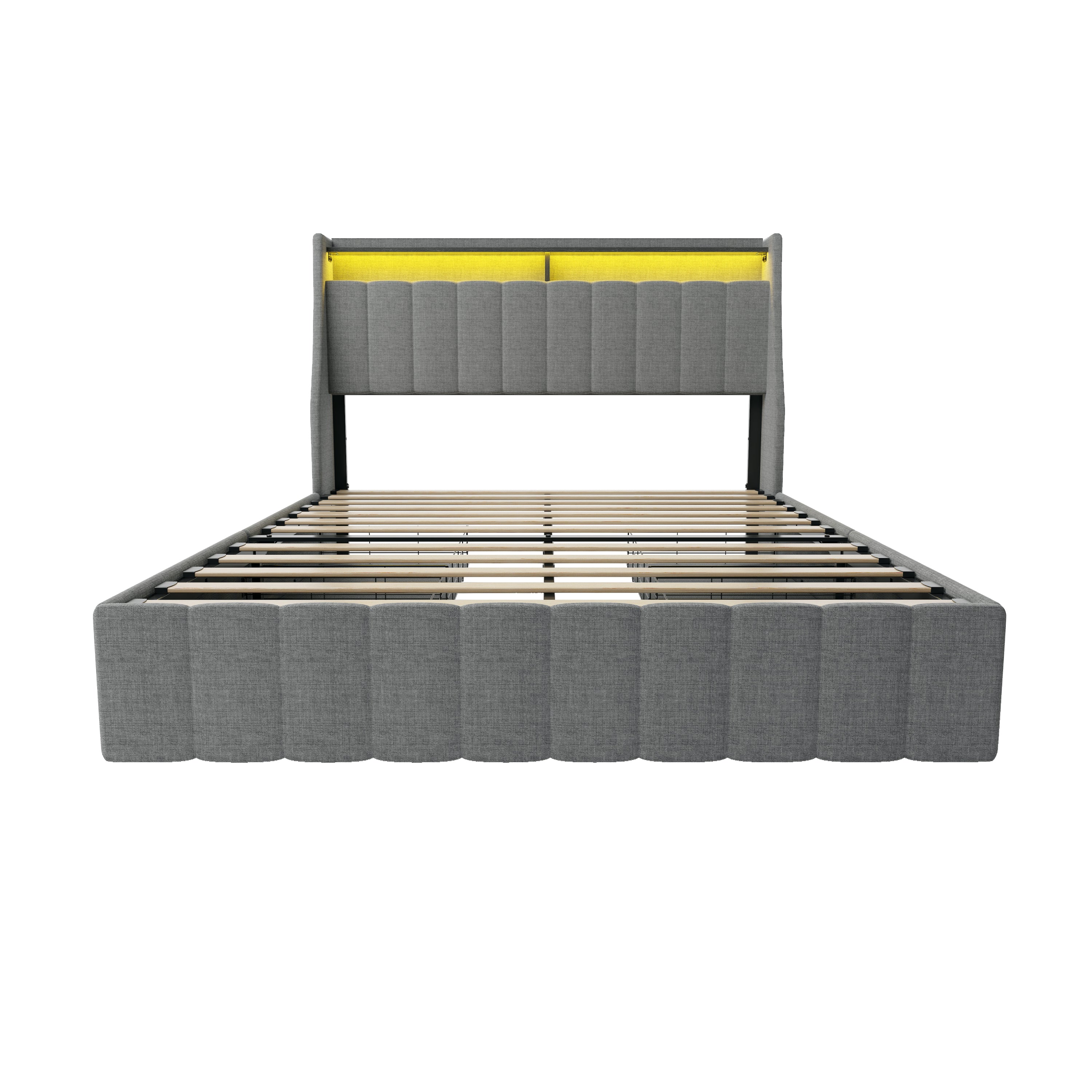 Modern Full Bed Frame w/ LED, Storage, Wings Headboard