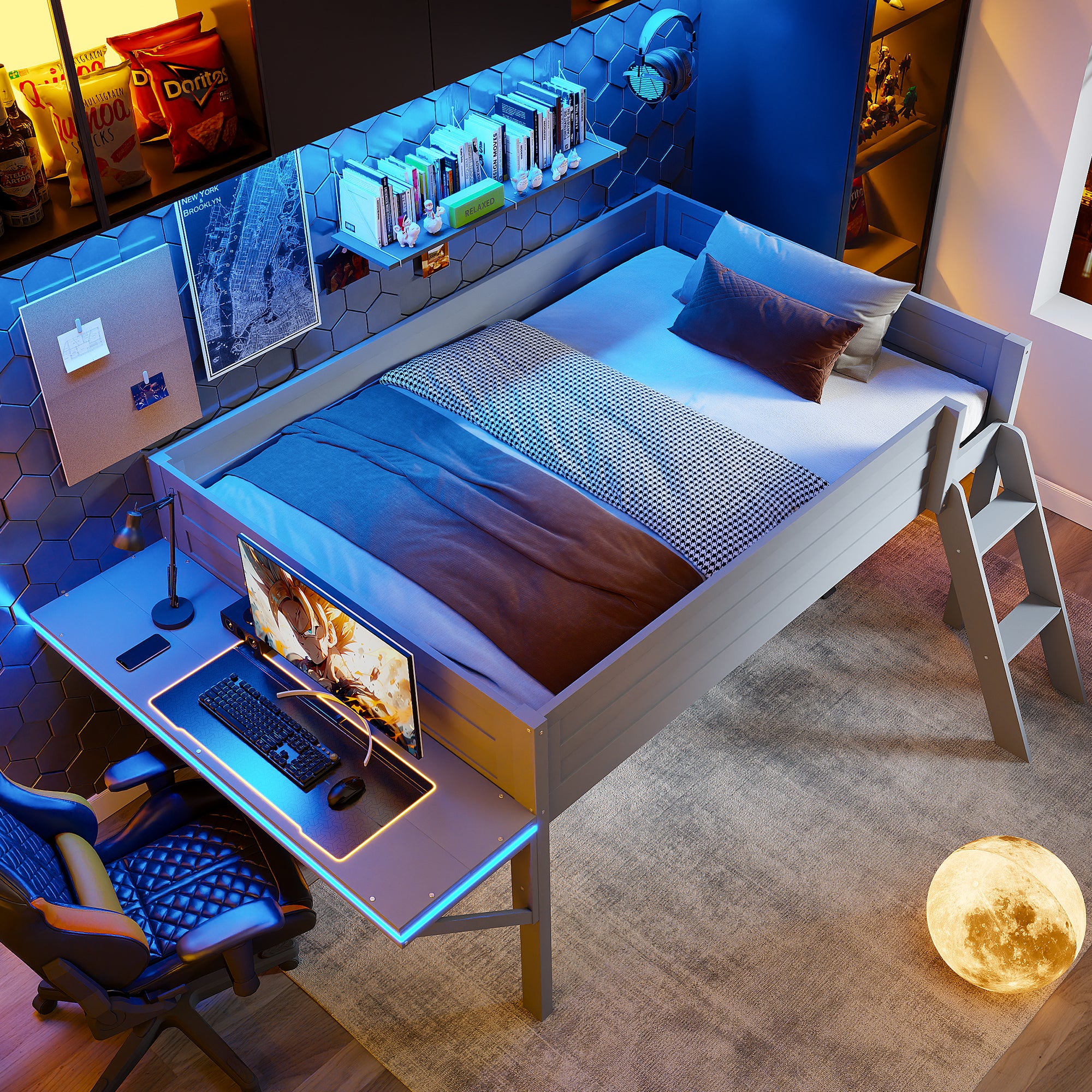Grey Wood Full Size Gaming Loft Bed with Desk & LED Lights