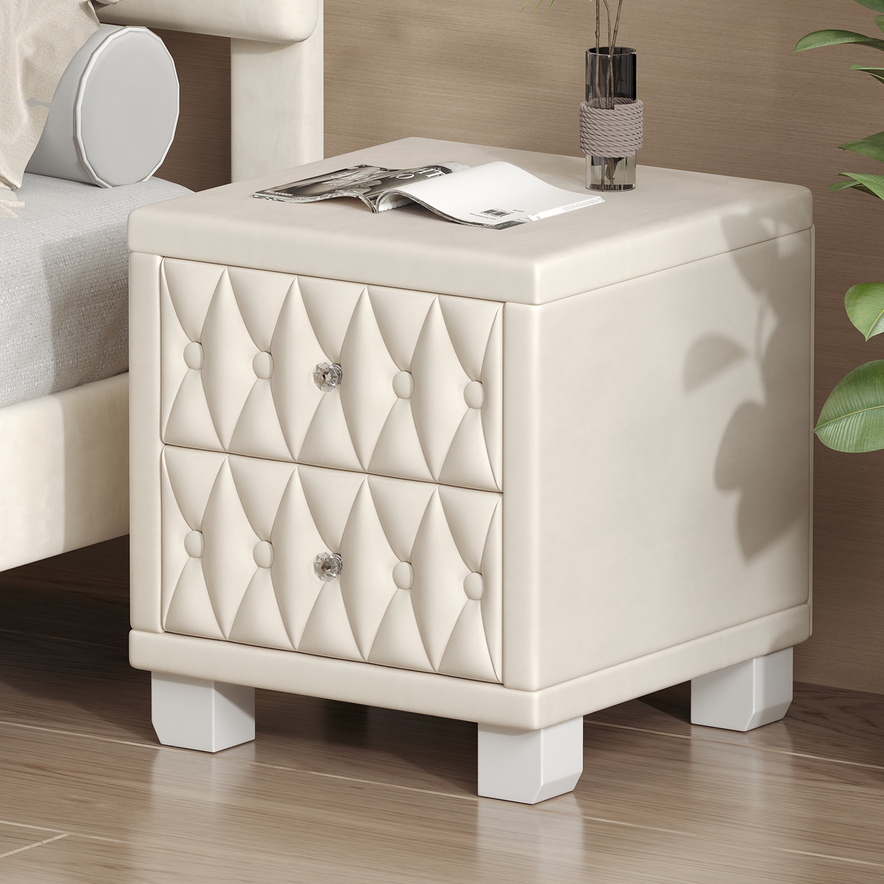 Elegant Beige Velvet Nightstand with 2 Drawers & Crystal Handle