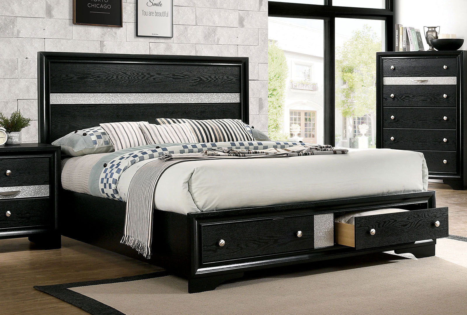 Contemporary Black Queen Bed with Drawers & Panel Headboard