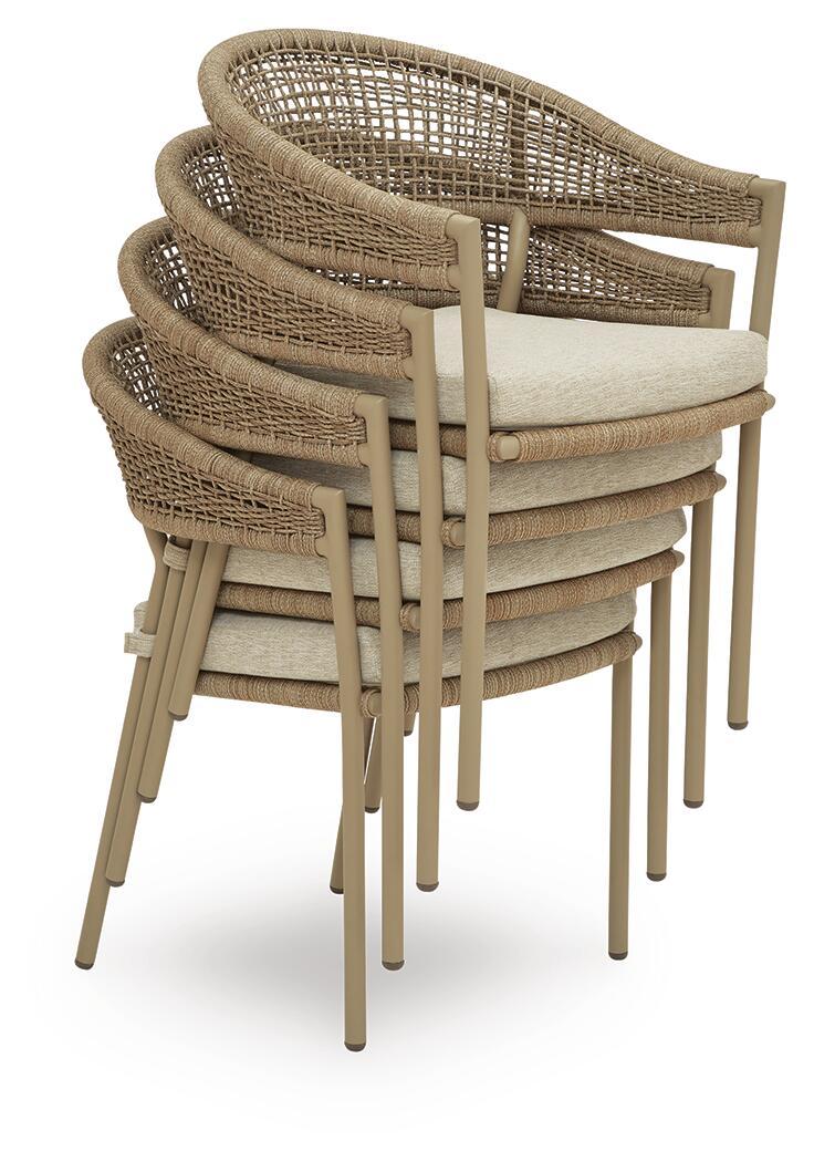 Beige woven arm chairs with cushions and armrests, set of 4 shown from side angle.