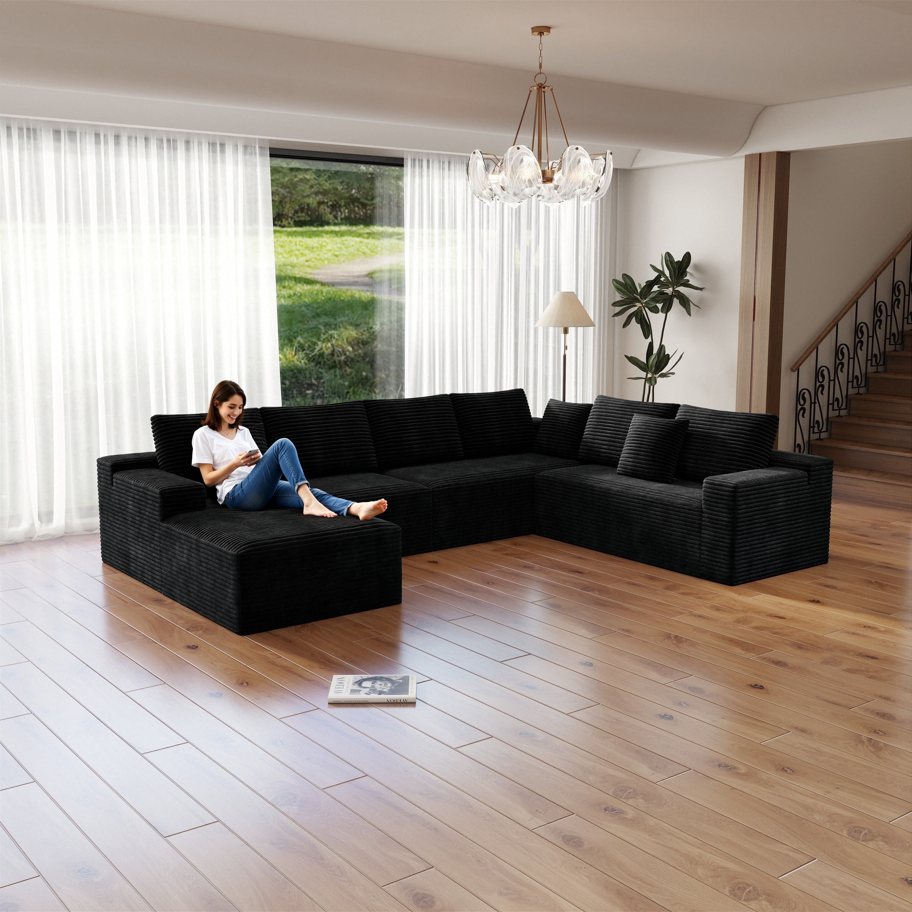 Plush Black Corduroy Modular Sectional Sofa Couch
